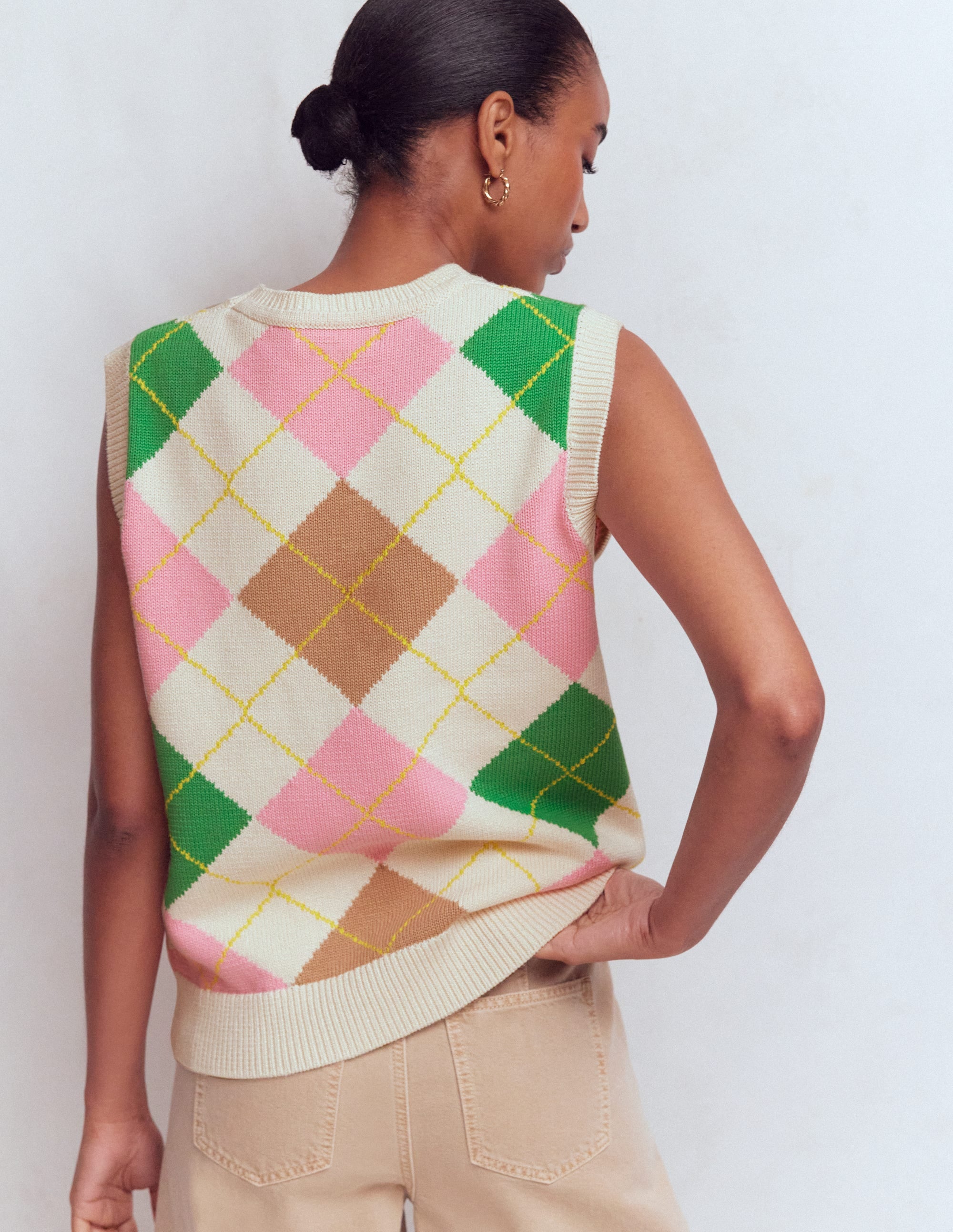 Lucy Cotton Tank-Green, Pink Argyle - Image 3