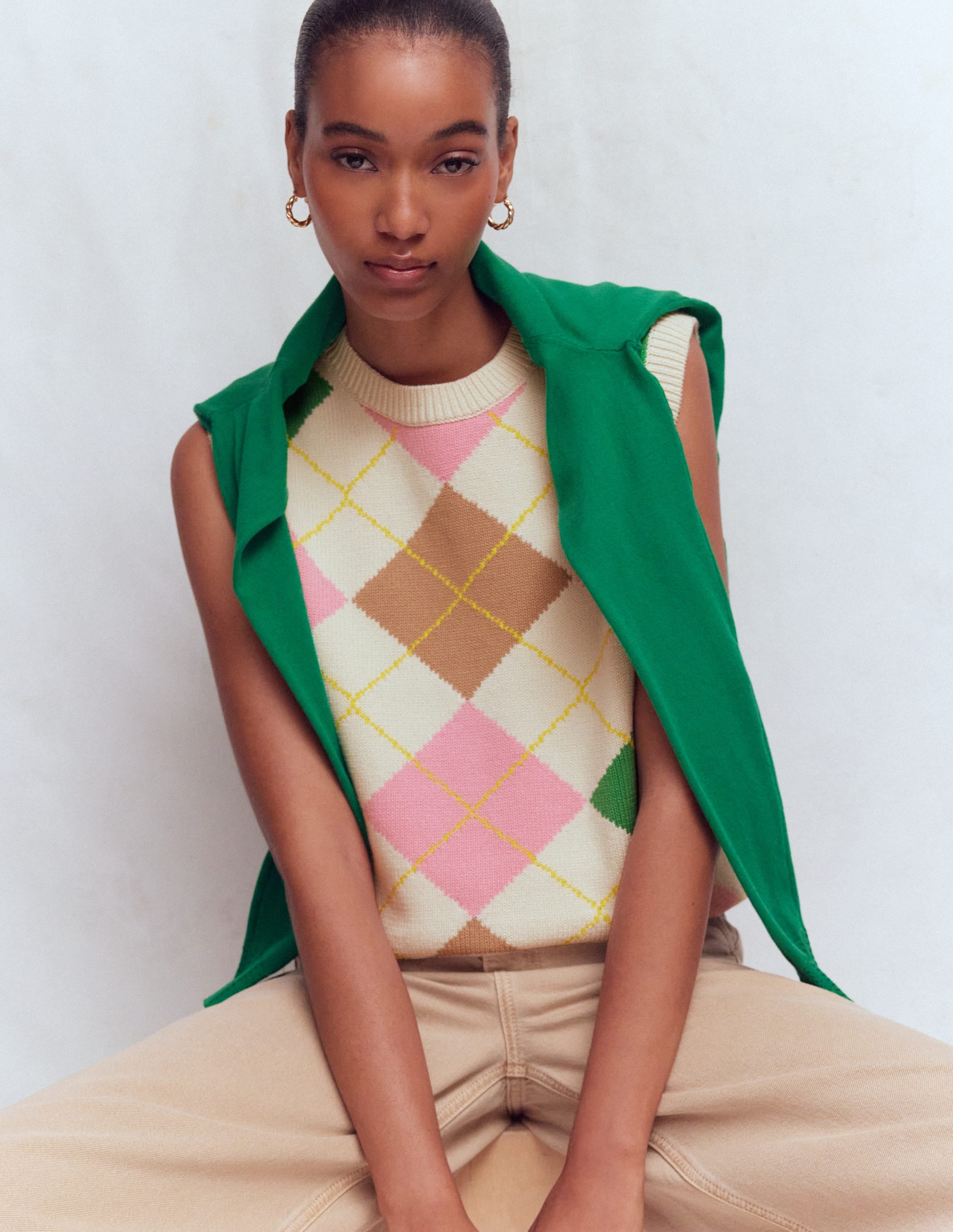 Lucy Cotton Tank-Green, Pink Argyle - Image 4
