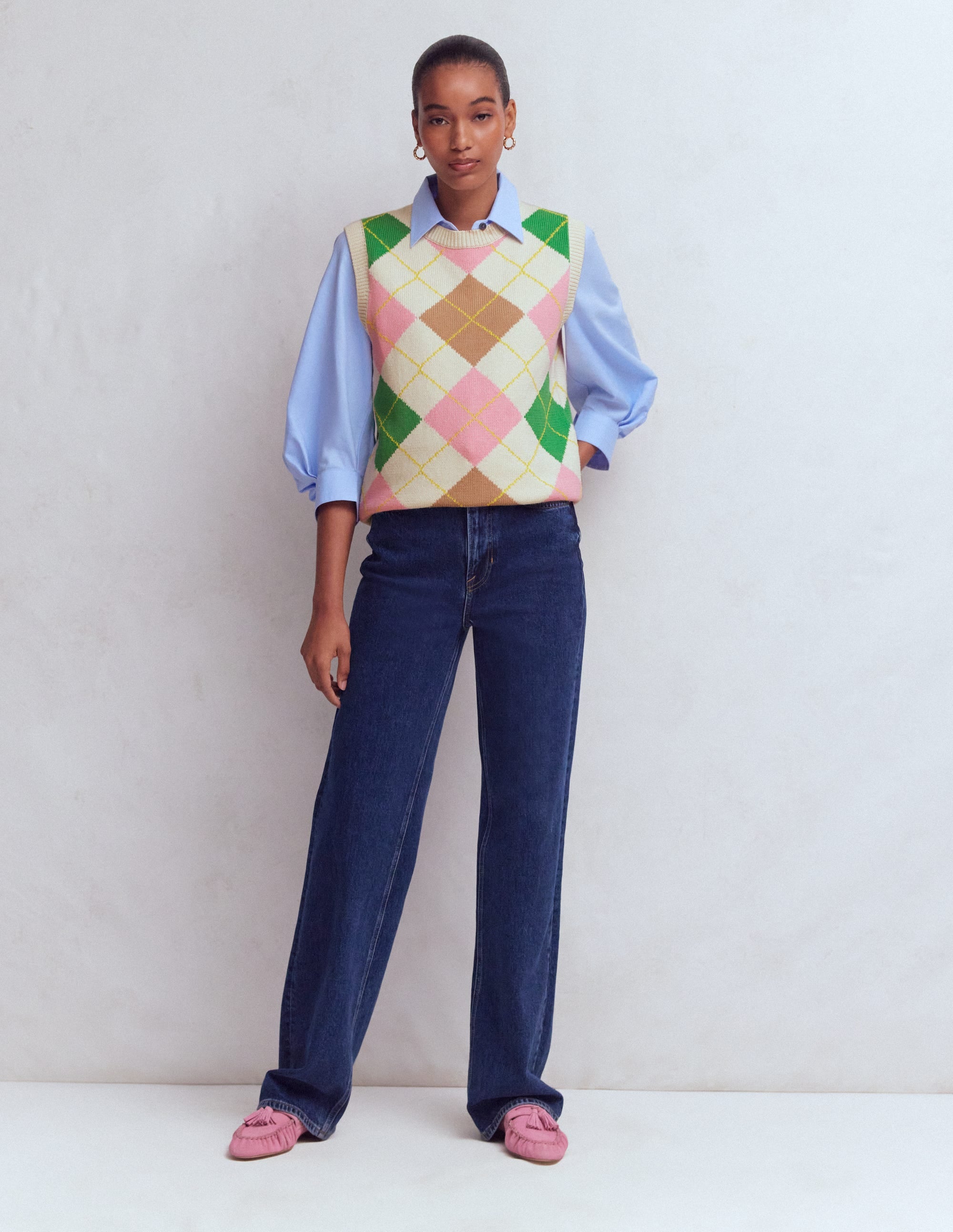 Lucy Cotton Tank-Green, Pink Argyle - Image 5