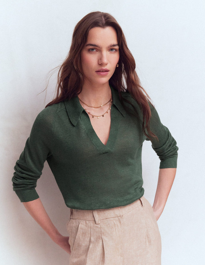 Agnes Collared Linen Jumper-Green Jasper