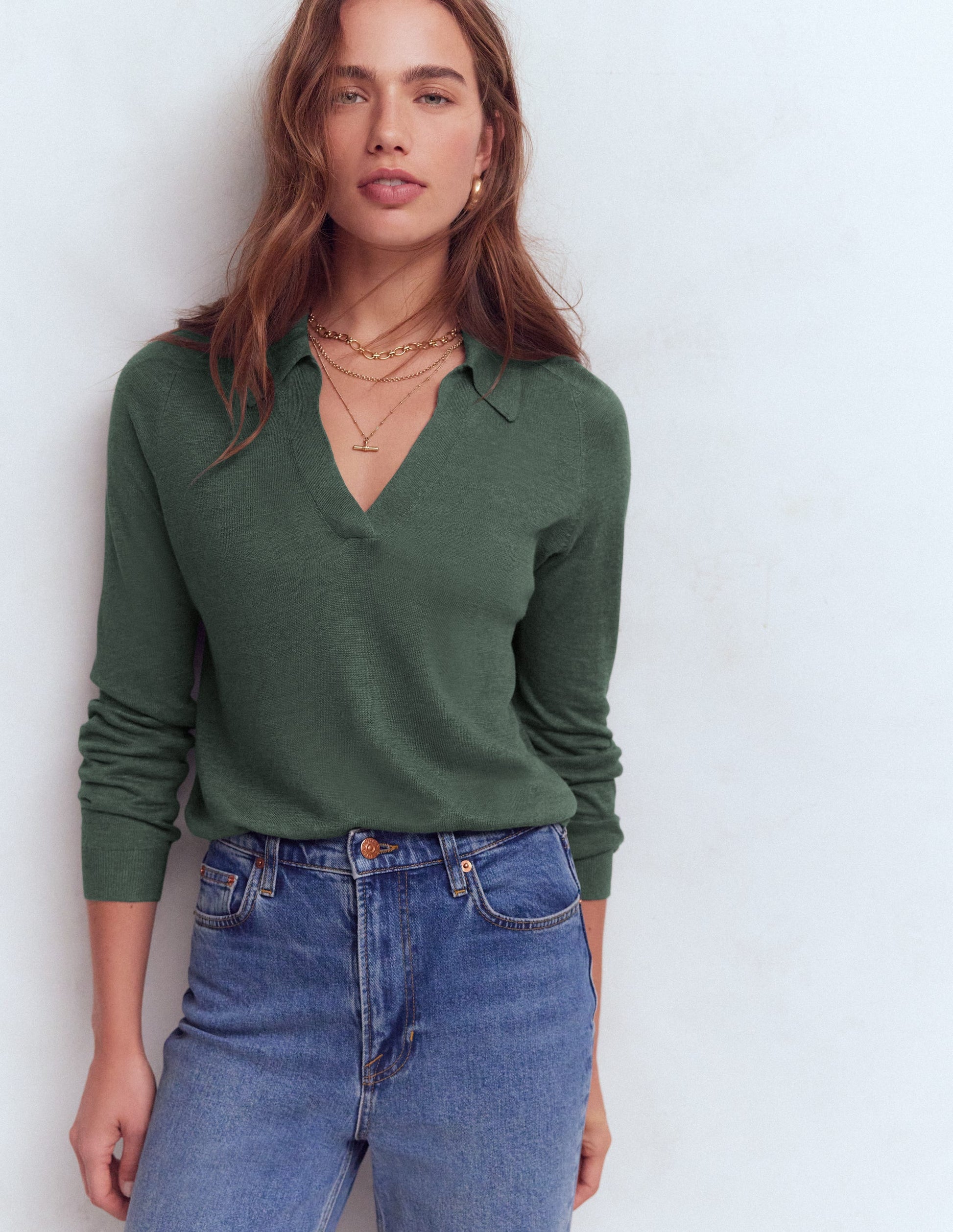 Agnes Collared Linen Jumper-Green Jasper-1