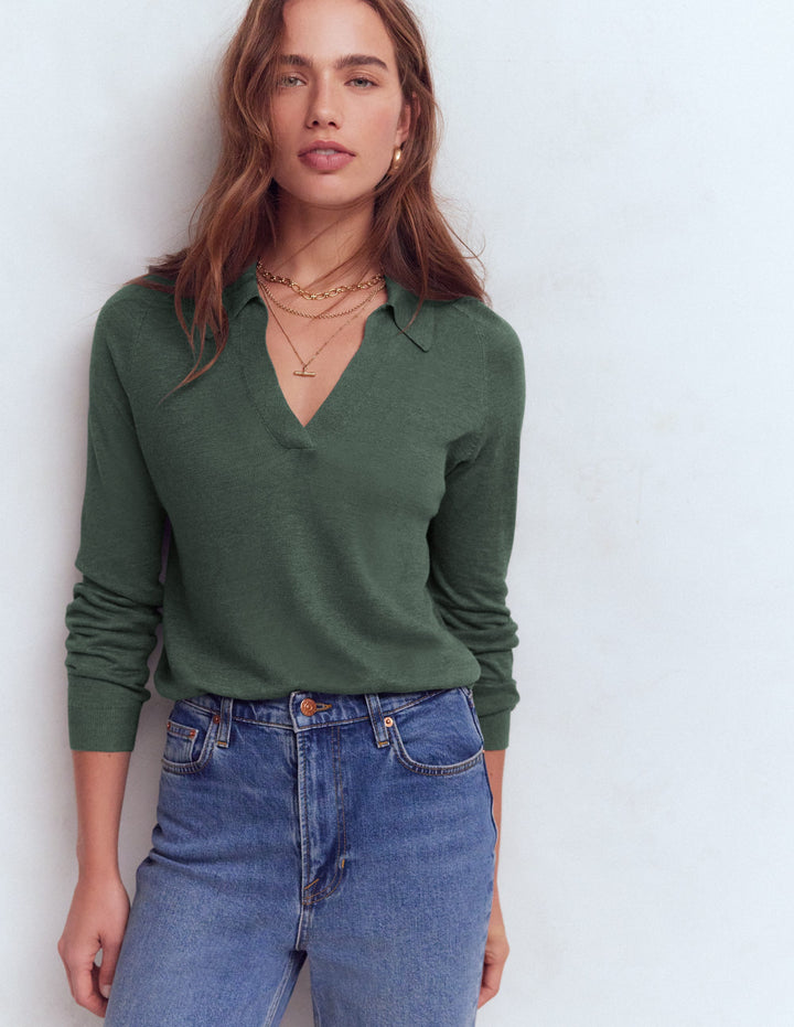 Agnes Collared Linen Jumper-Green Jasper