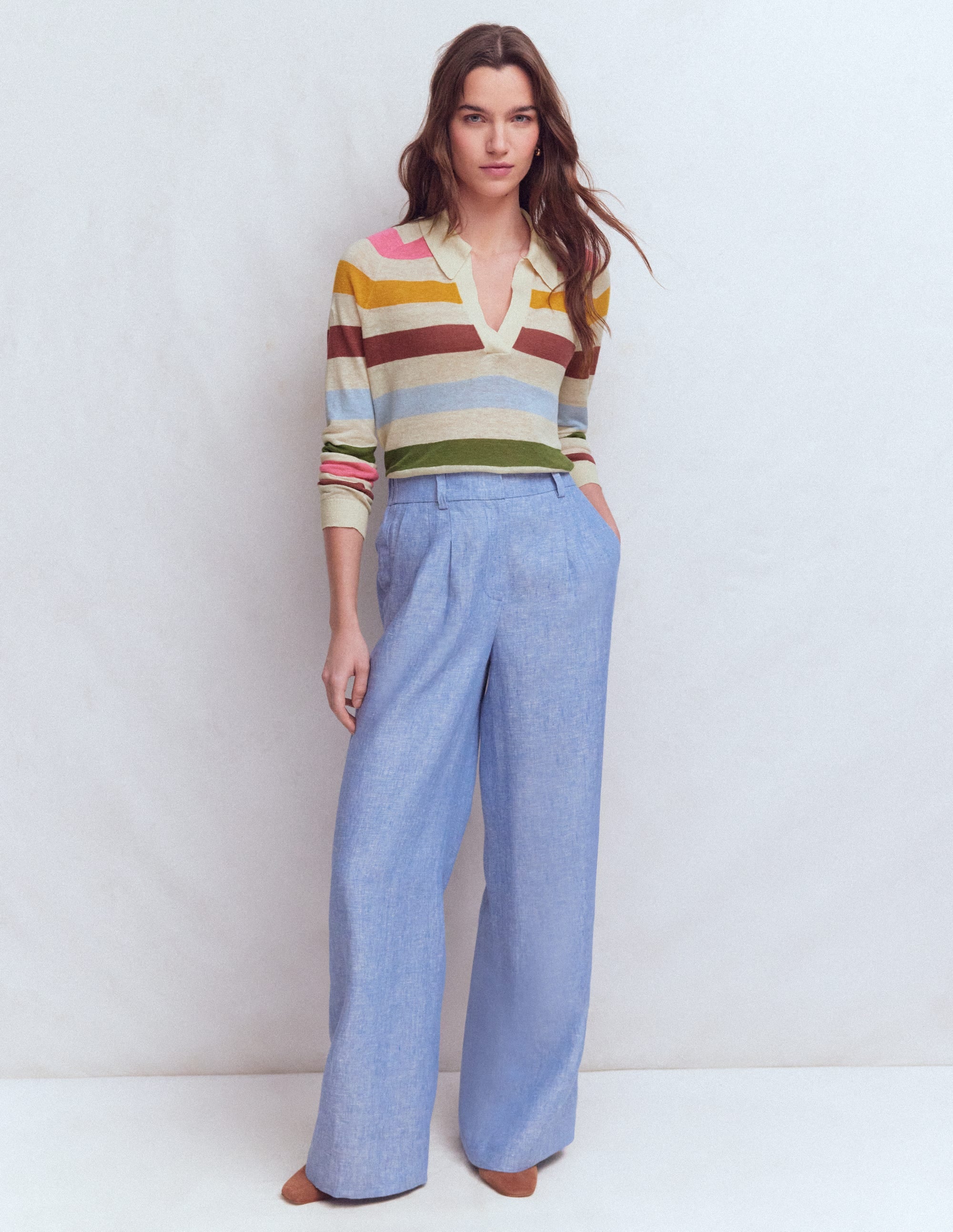 Agnes Collared Linen Jumper-Ivory, Pink, Green Multistripe - Image 1