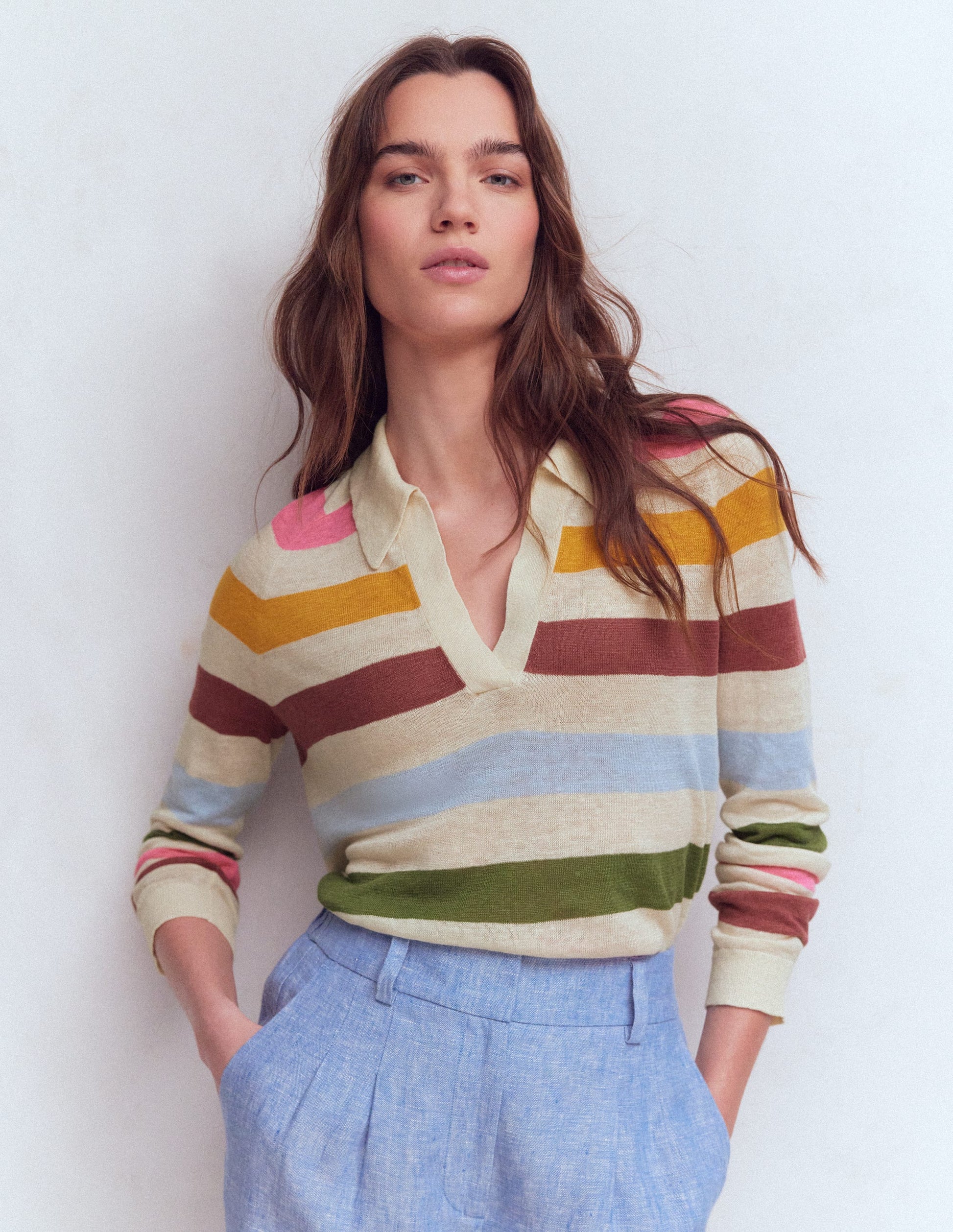 Agnes Collared Linen Jumper-Ivory, Pink, Green Multistripe-4