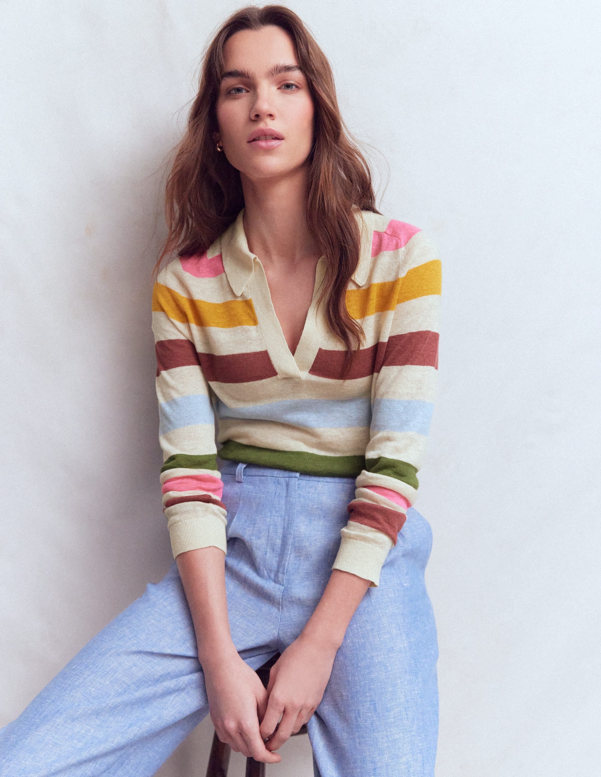 Agnes Collared Linen Jumper-Ivory, Pink, Green Multistripe - Image 5