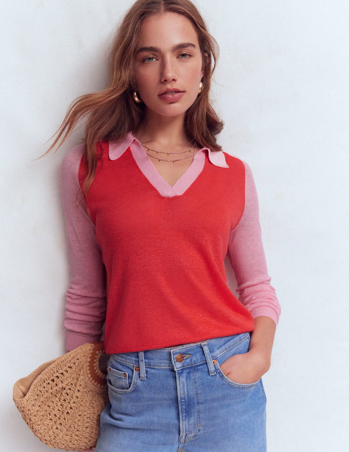 Agnes Collared Linen Jumper-Sunkissed Coral / Formica Pink