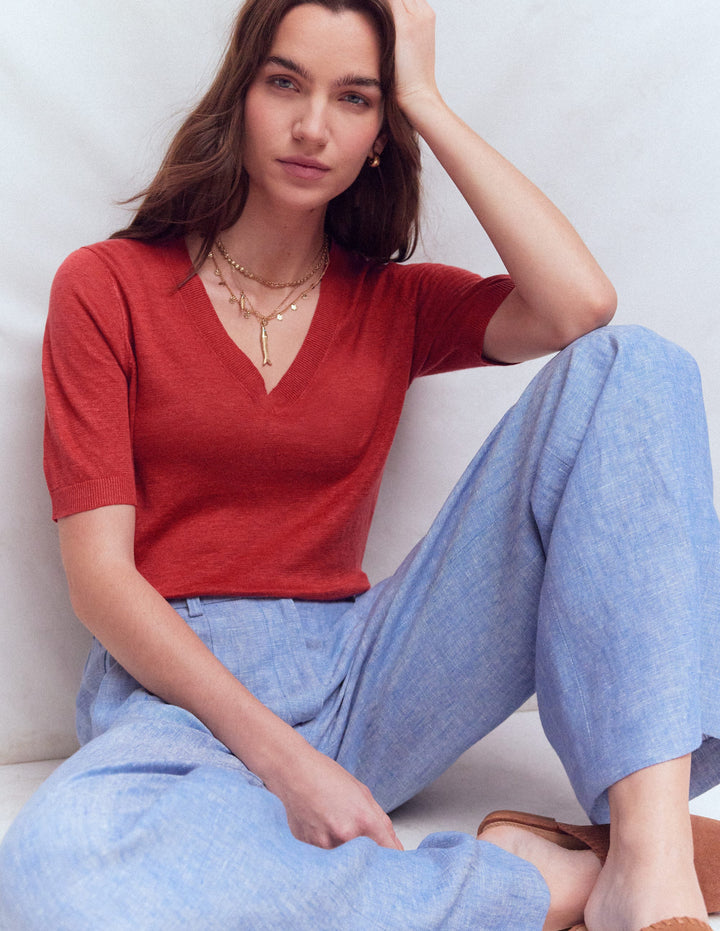 Agnes Linen V Neck T-Shirt-Burnt Orange