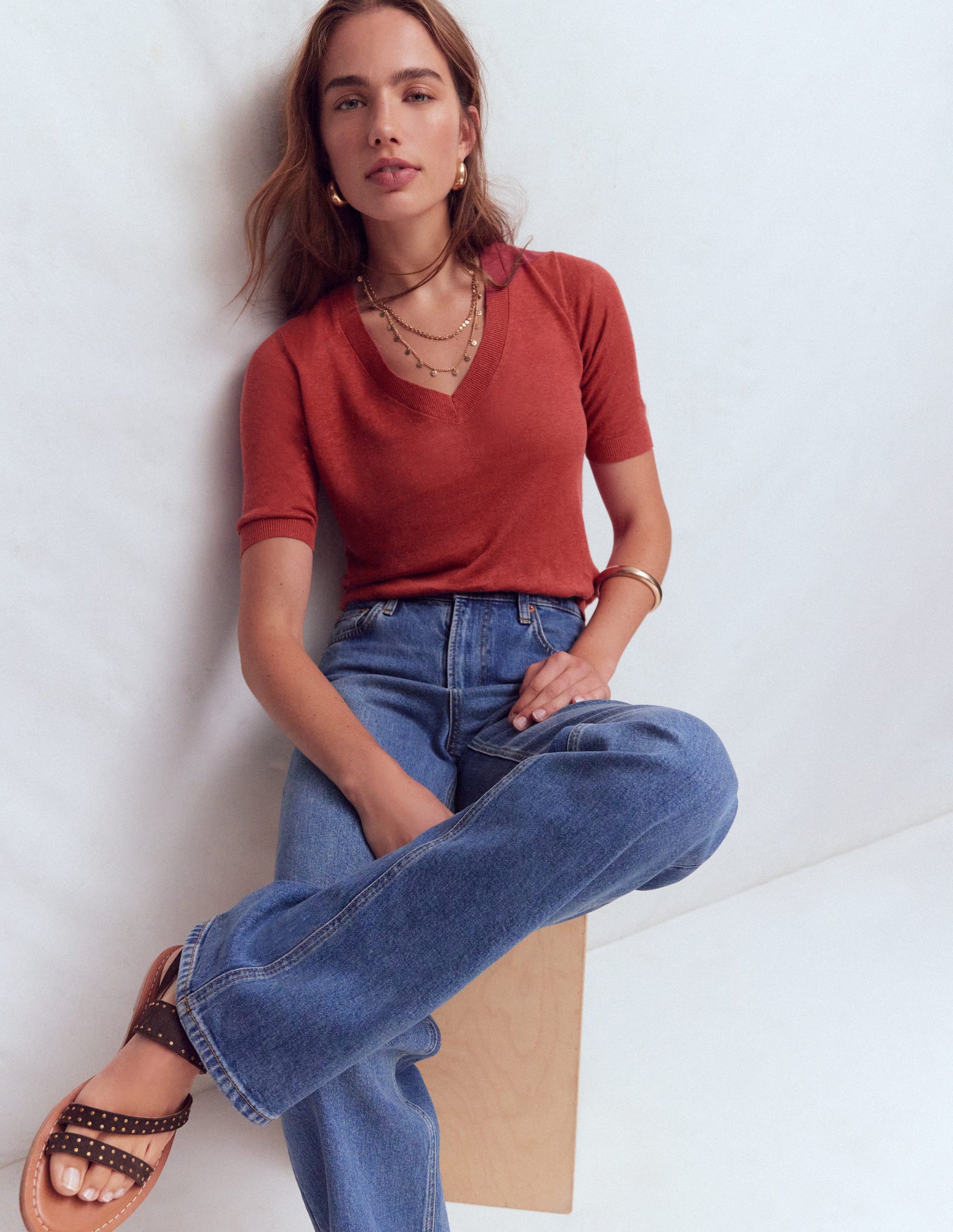 Agnes Linen V Neck T-Shirt-Burnt Orange-1