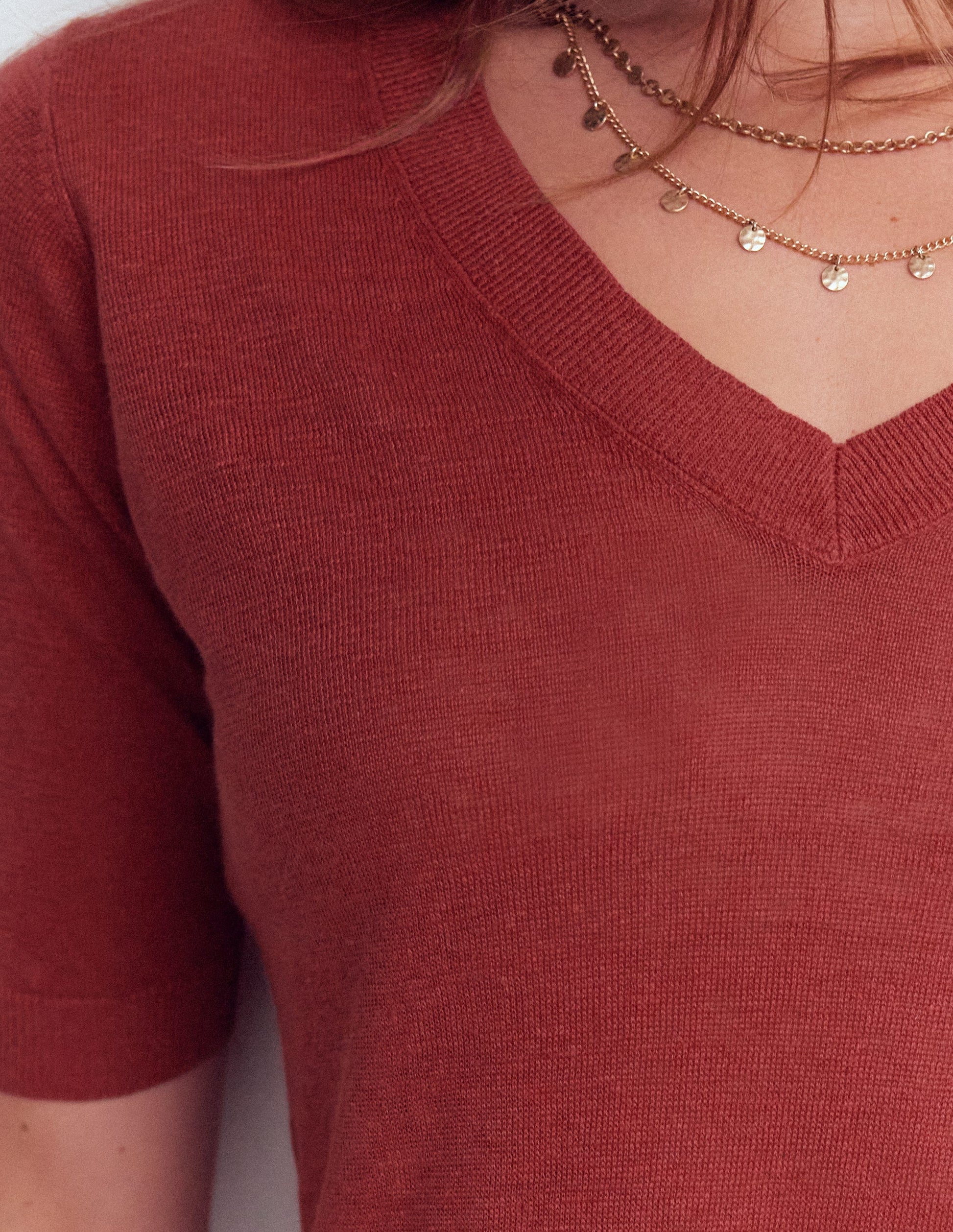 Agnes Linen V Neck T-Shirt-Burnt Orange-2