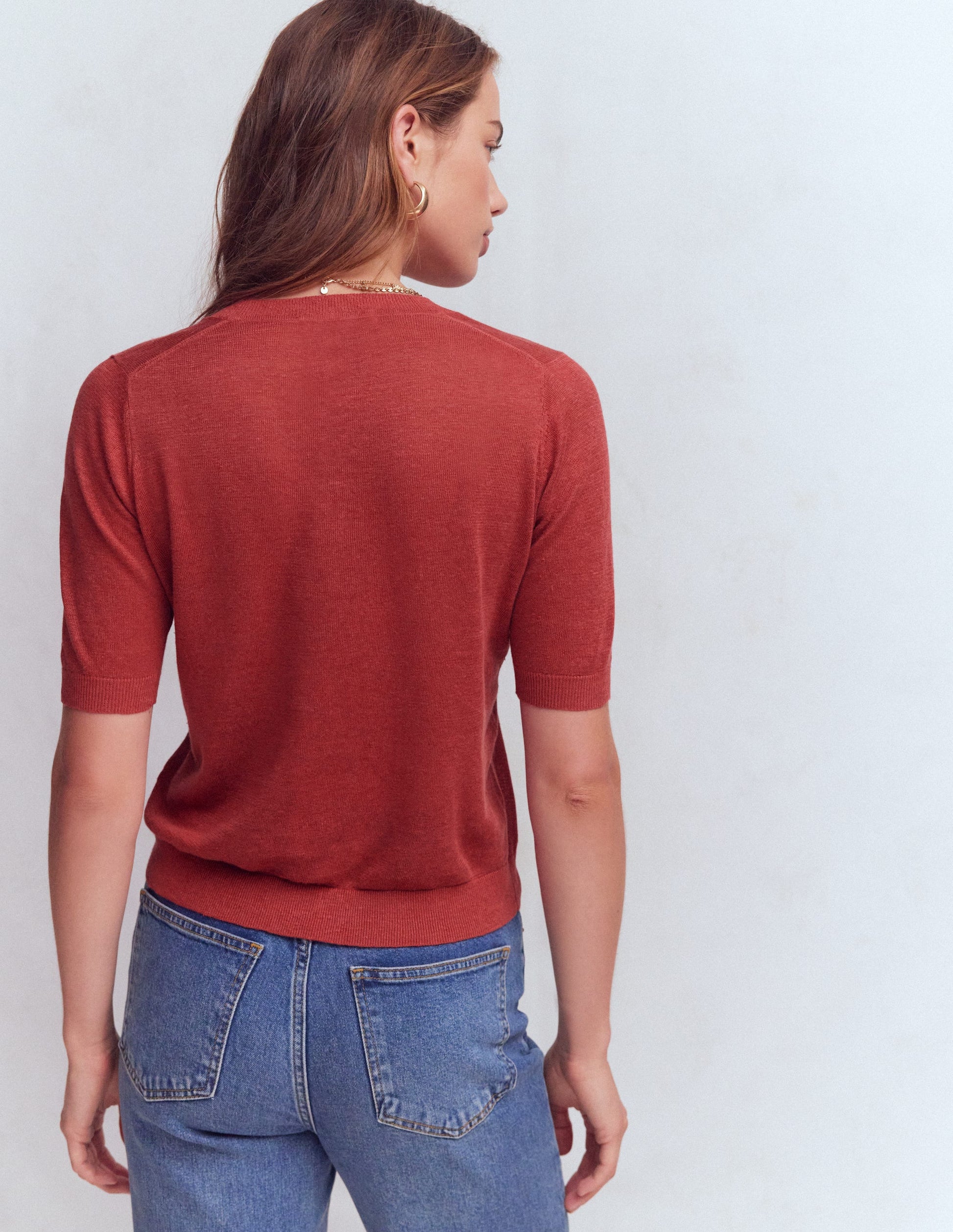 Agnes Linen V Neck T-Shirt-Burnt Orange-3