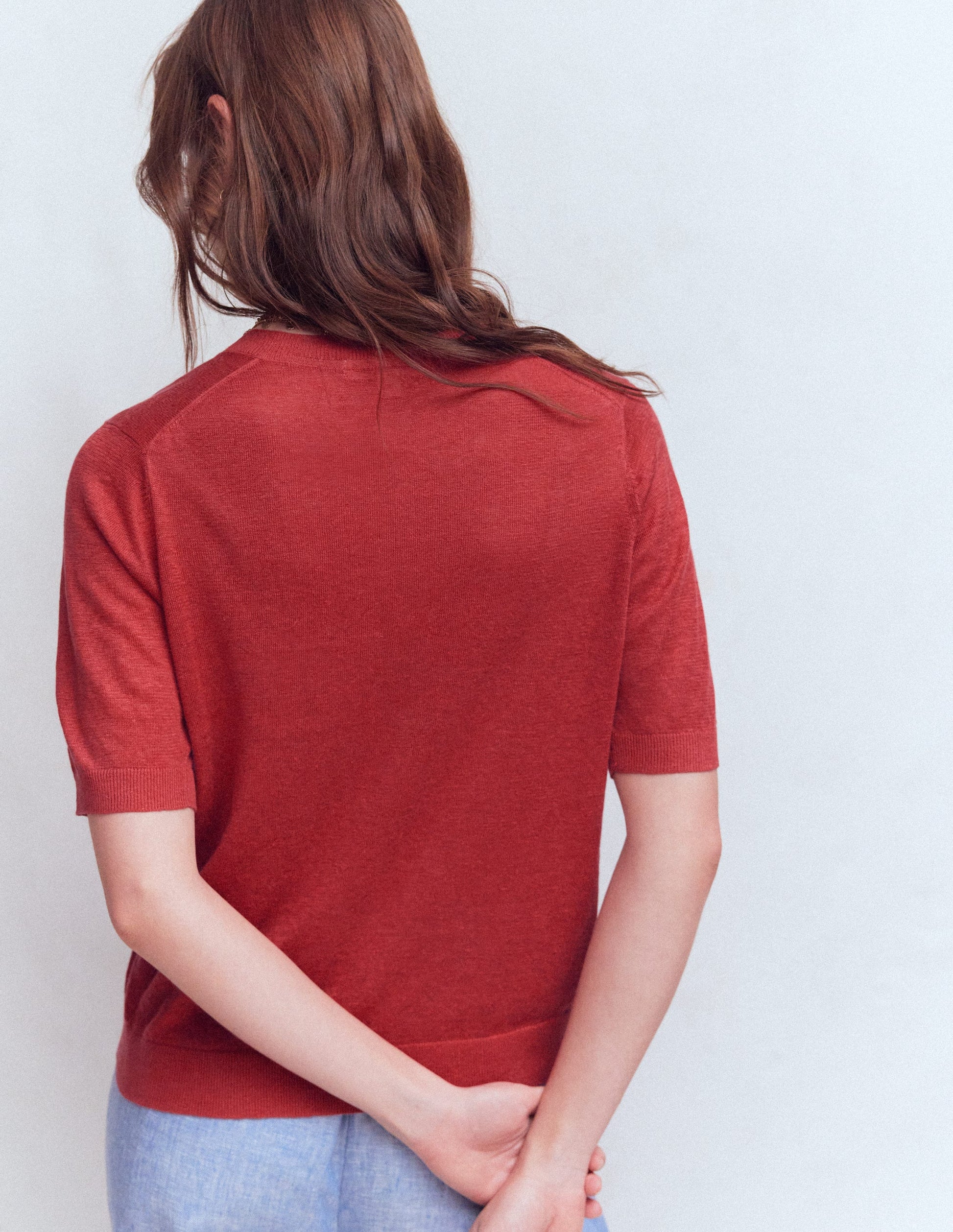 Agnes Linen V Neck T-Shirt-Burnt Orange-3