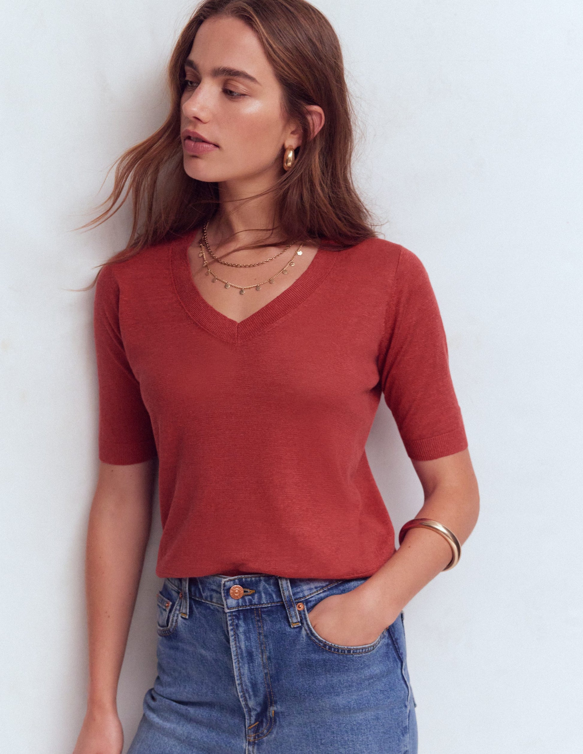 Agnes Linen V Neck T-Shirt-Burnt Orange-4