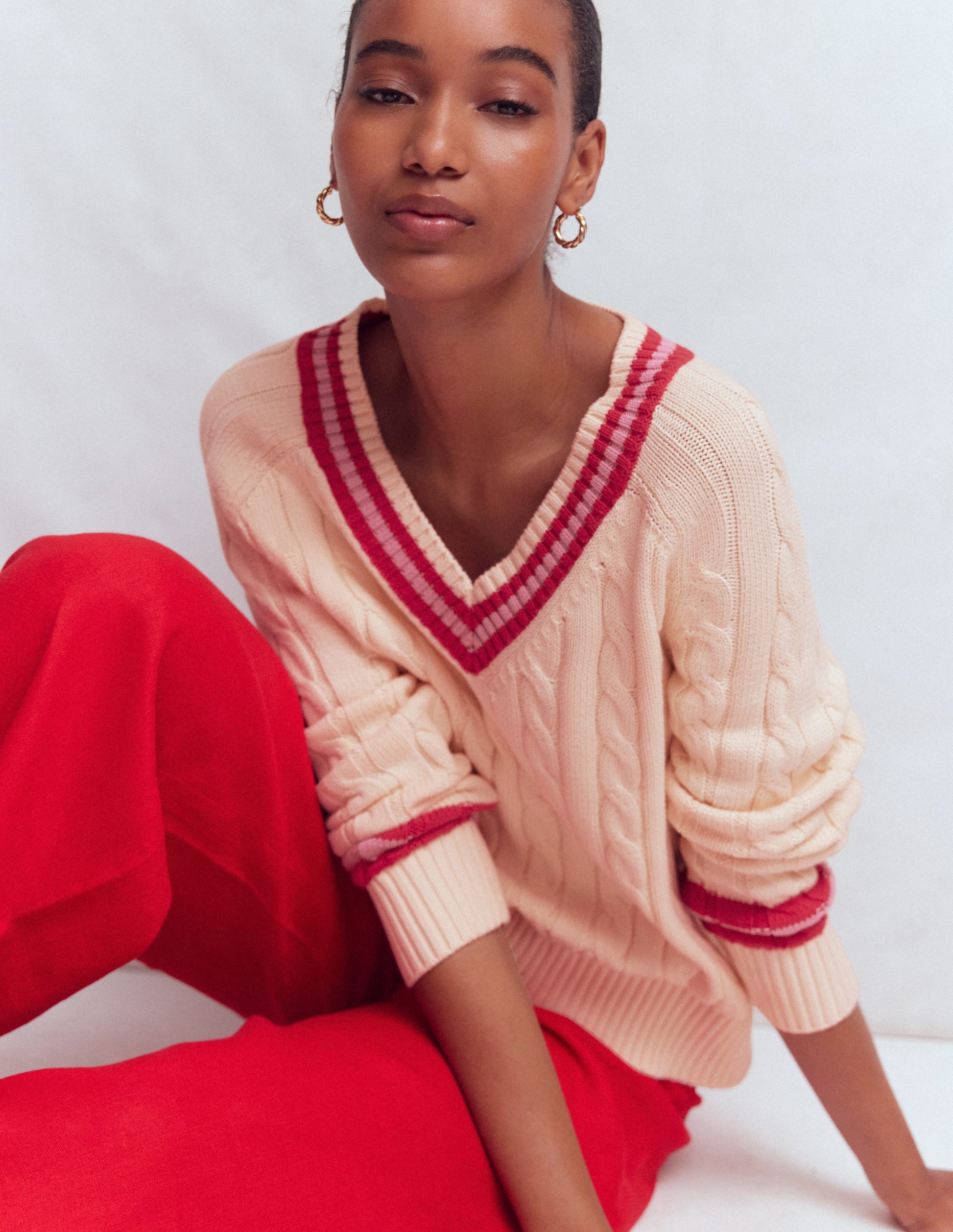 Maeve Textured Cotton Jumper-Ivory Cable, Red-1