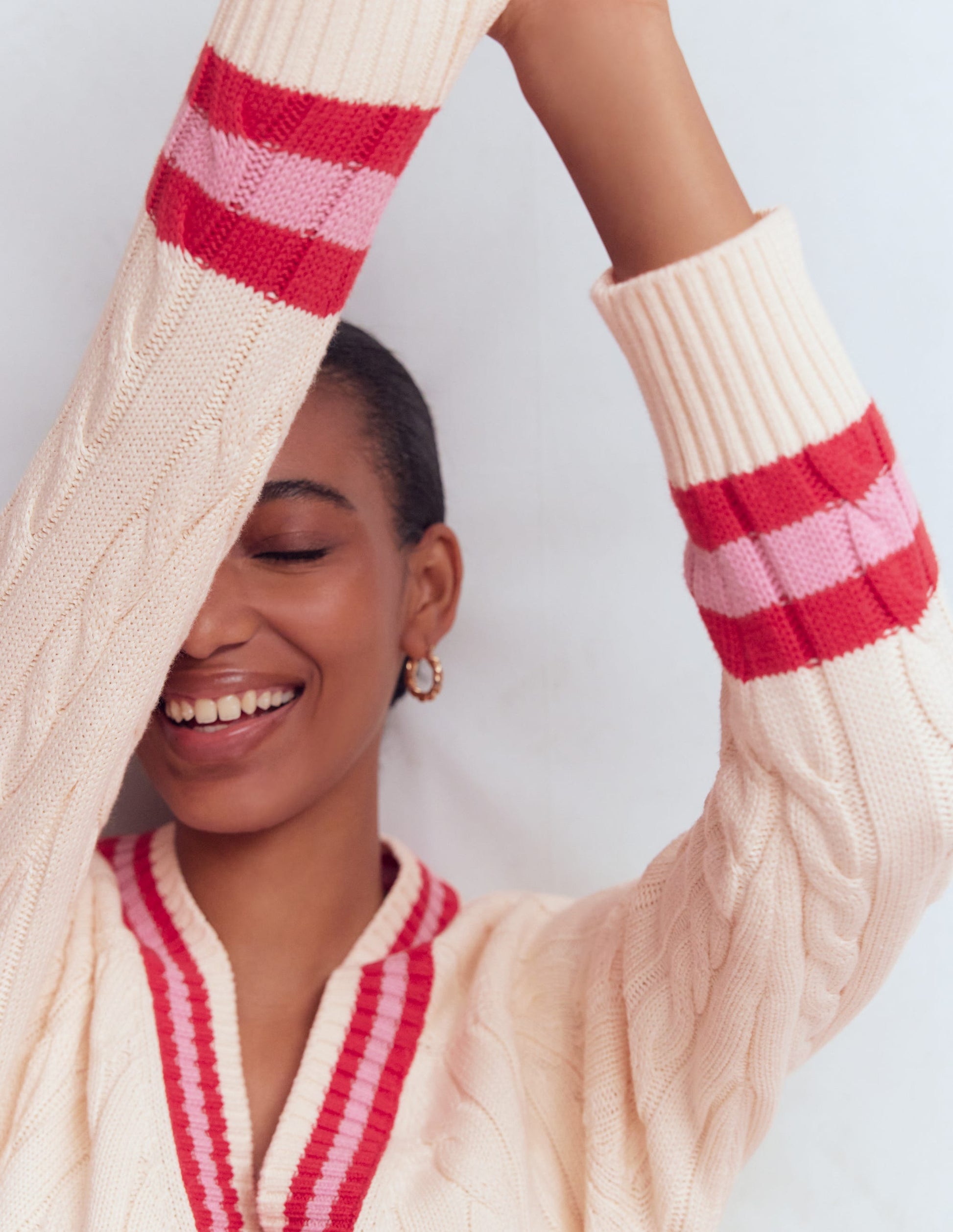 Maeve Textured Cotton Jumper-Ivory Cable, Red-2
