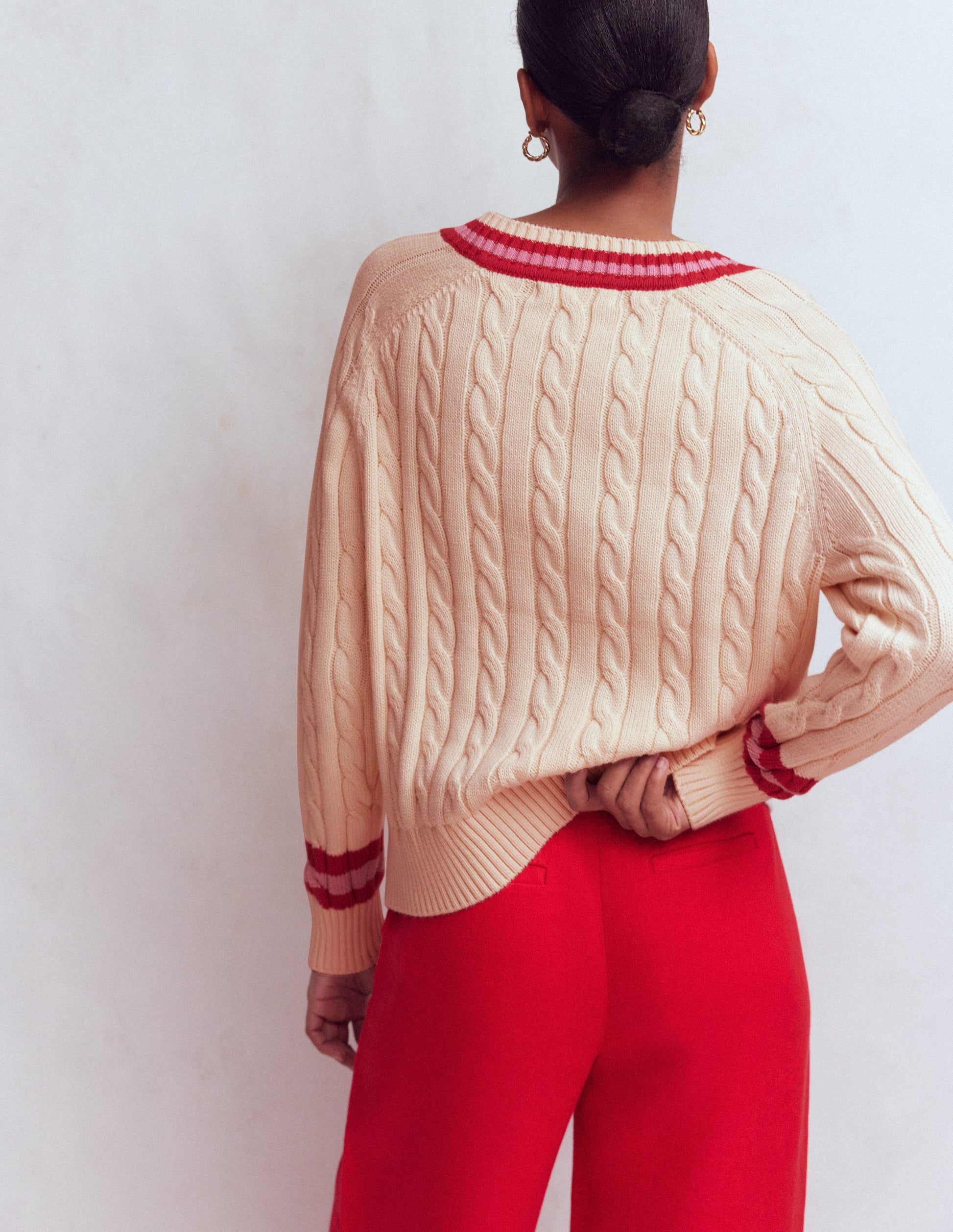 Maeve Textured Cotton Jumper-Ivory Cable, Red-3