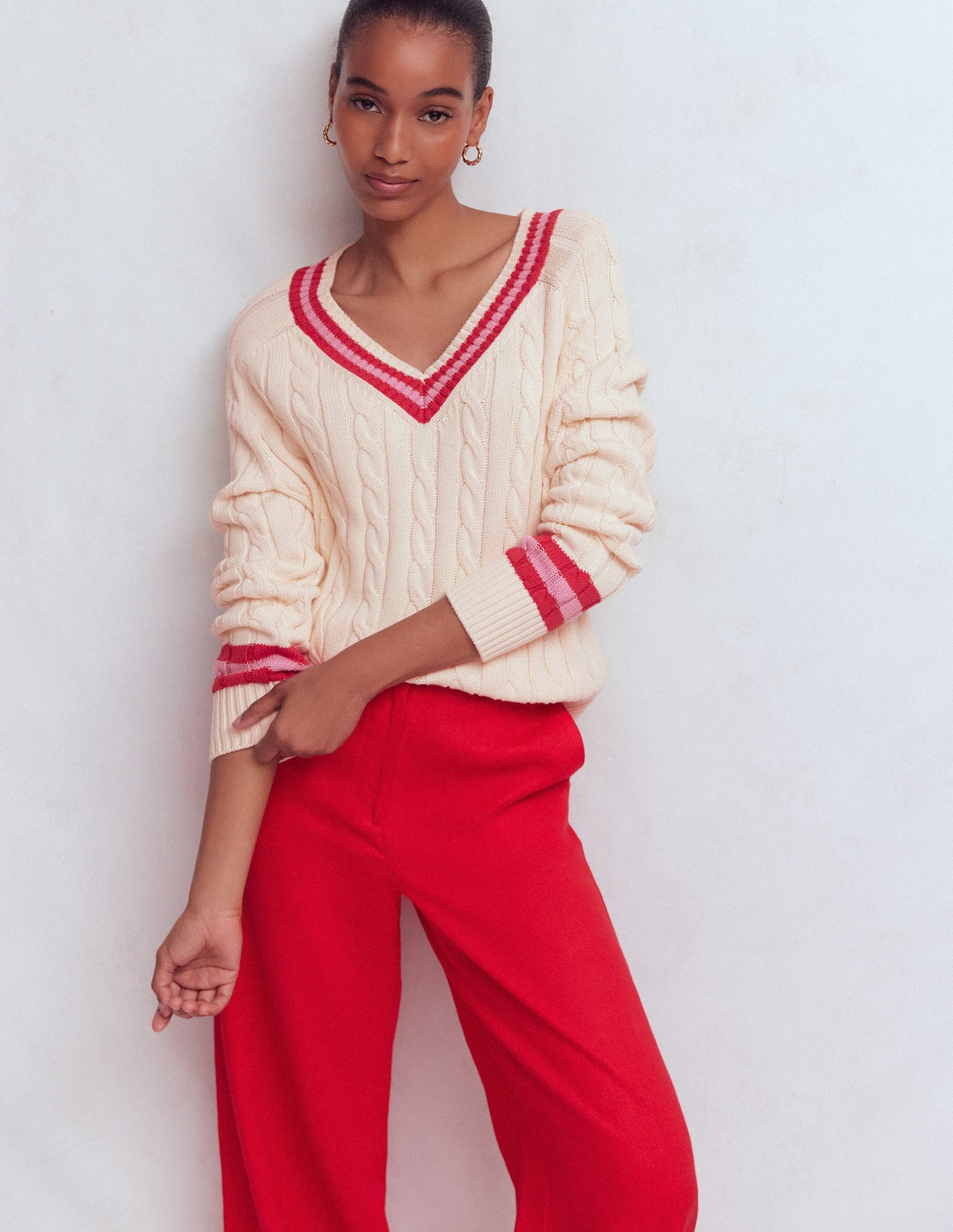 Maeve Textured Cotton Jumper-Ivory Cable, Red-4