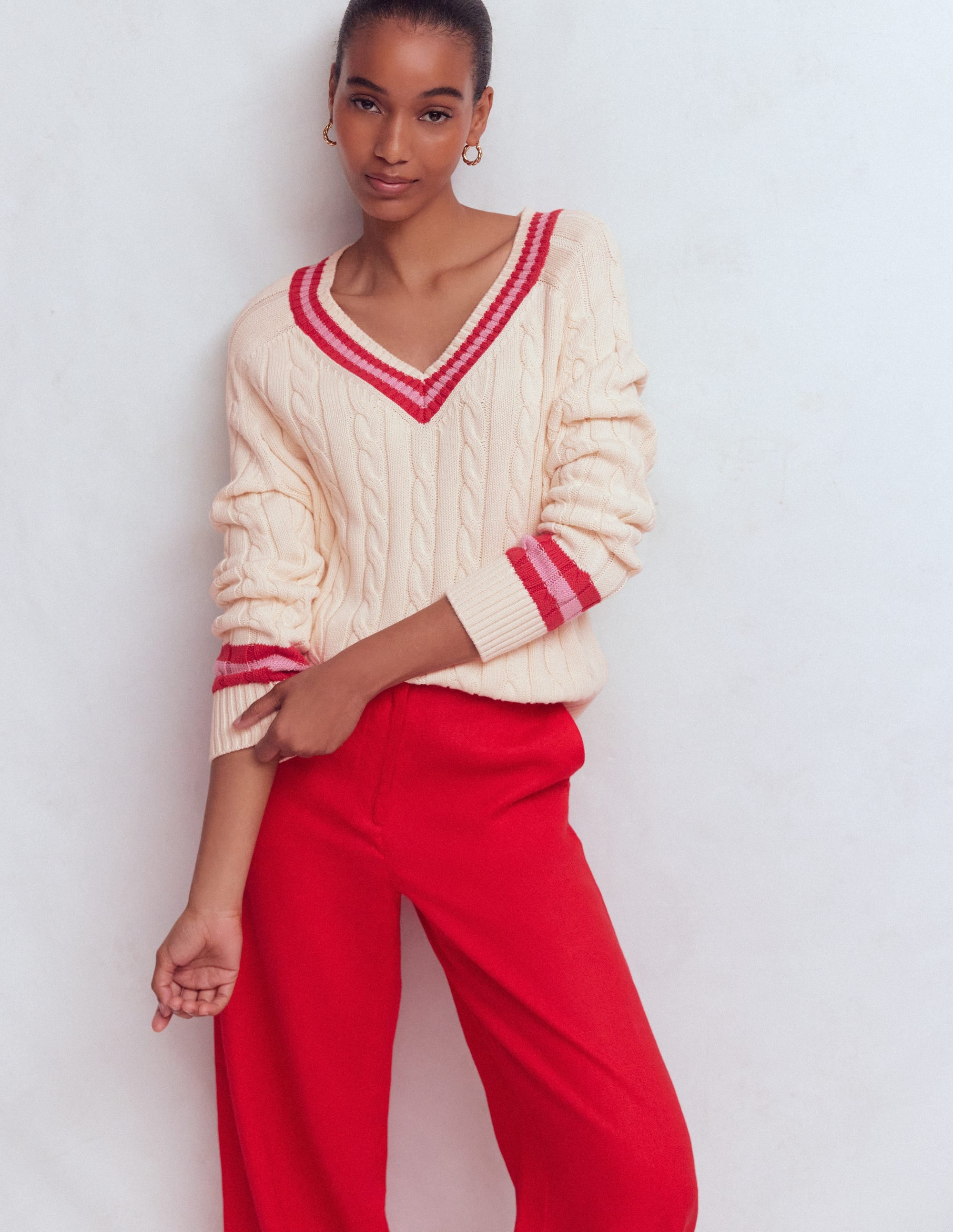 Maeve Textured Cotton Jumper-Ivory Cable, Red - Image 4