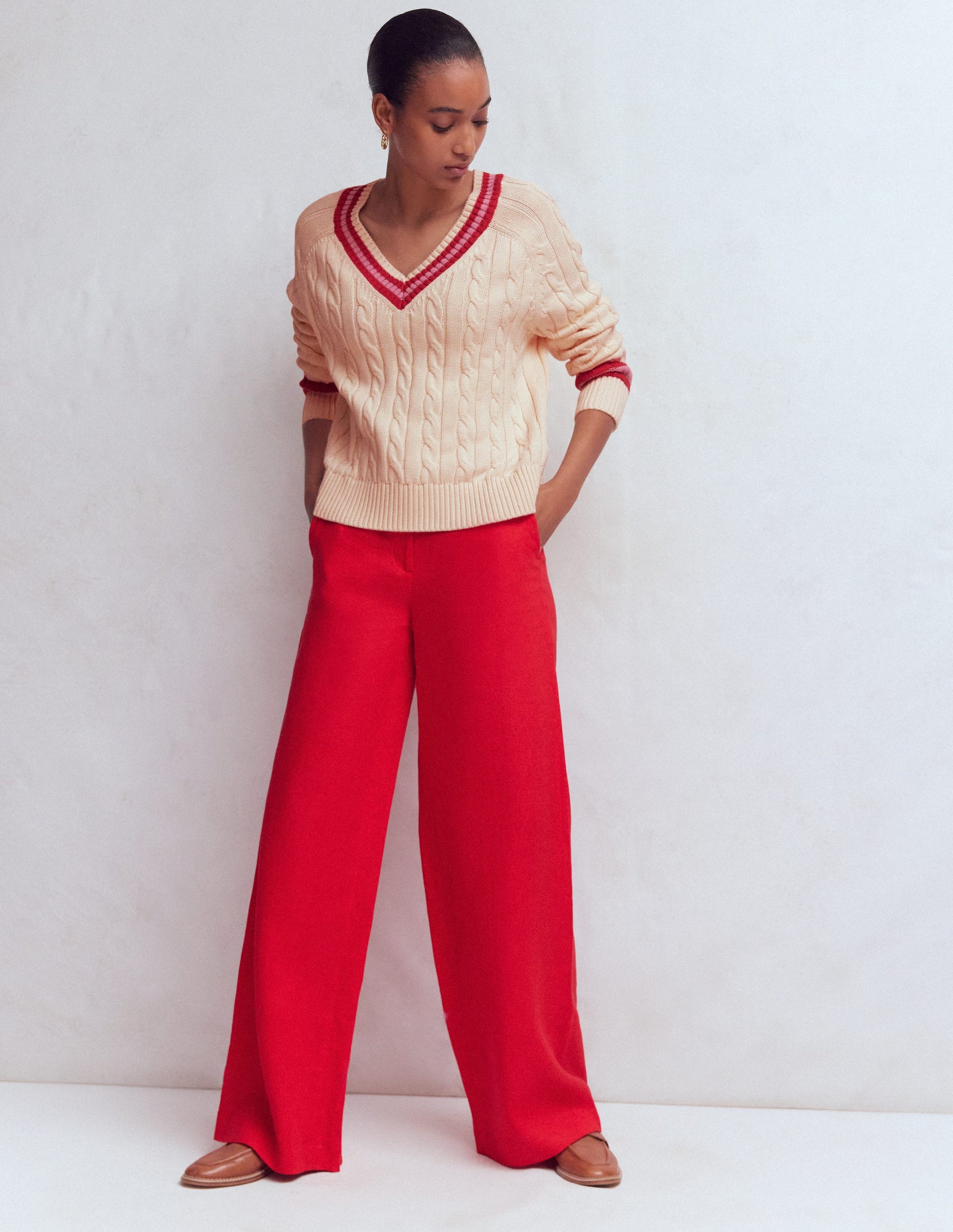 Maeve Textured Cotton Jumper-Ivory Cable, Red-5