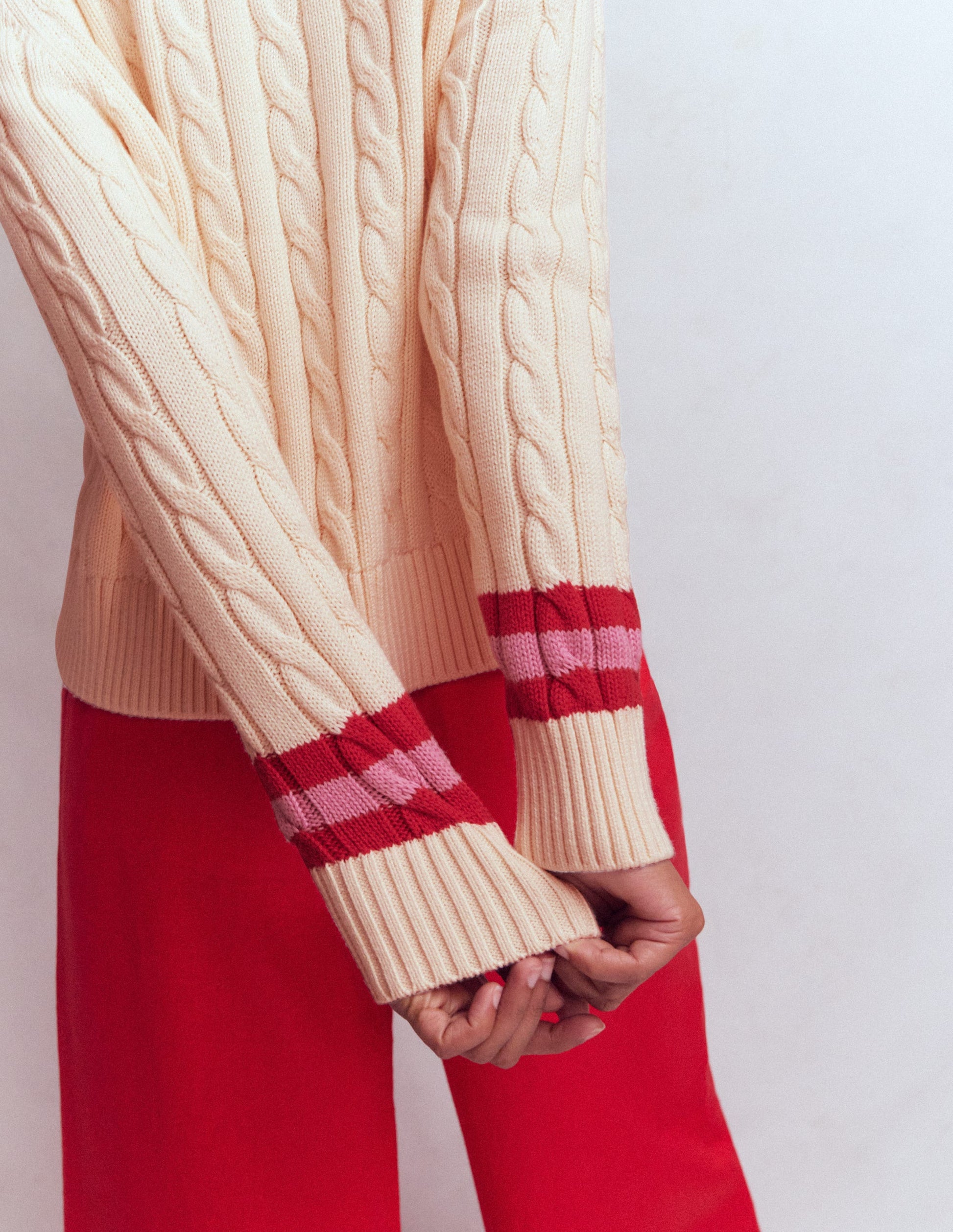 Maeve Textured Cotton Jumper-Ivory Cable, Red-6