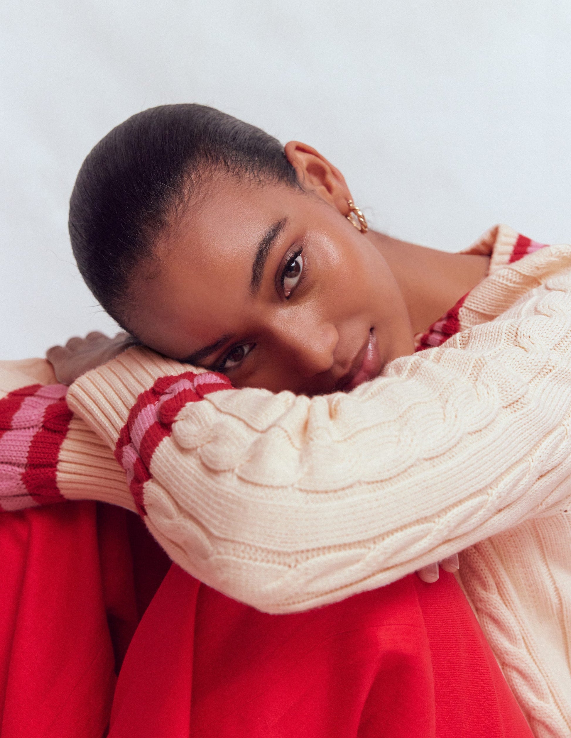 Maeve Textured Cotton Jumper-Ivory Cable, Red-7