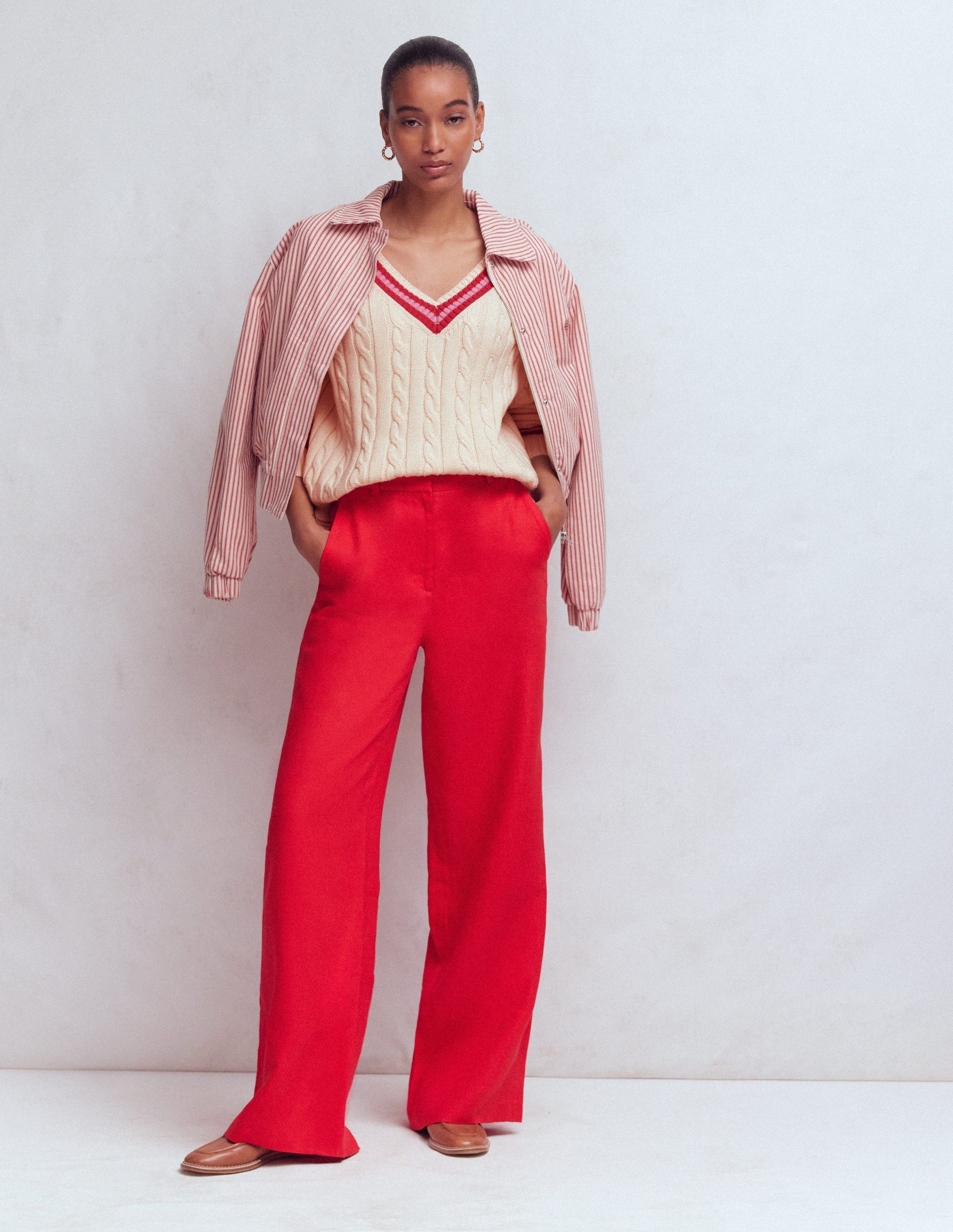Maeve Textured Cotton Jumper-Ivory Cable, Red-8