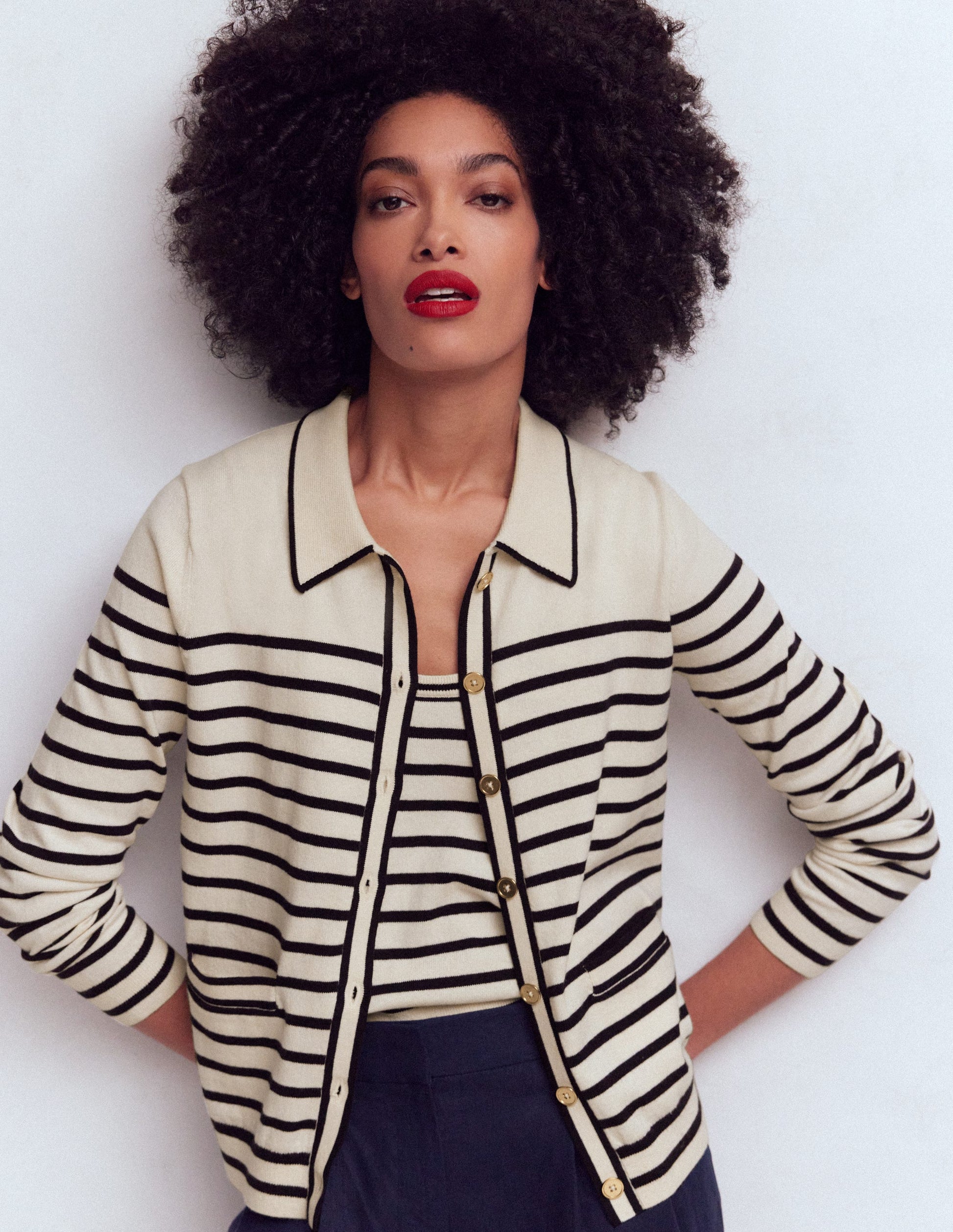 Liz Knitted Collared Cardigan-Ivory/ Navy-2