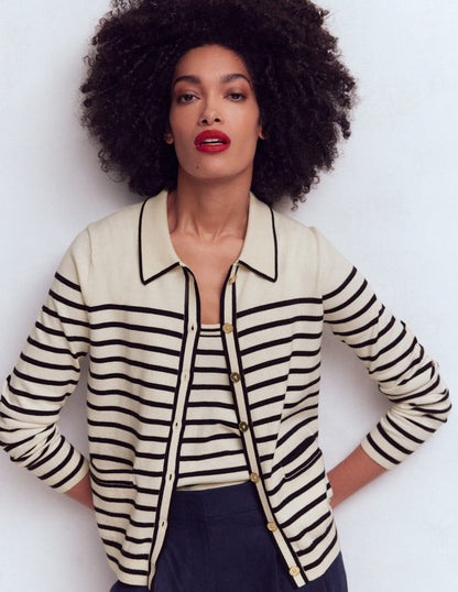 Liz Knitted Collared Cardigan-Ivory/ Navy-2