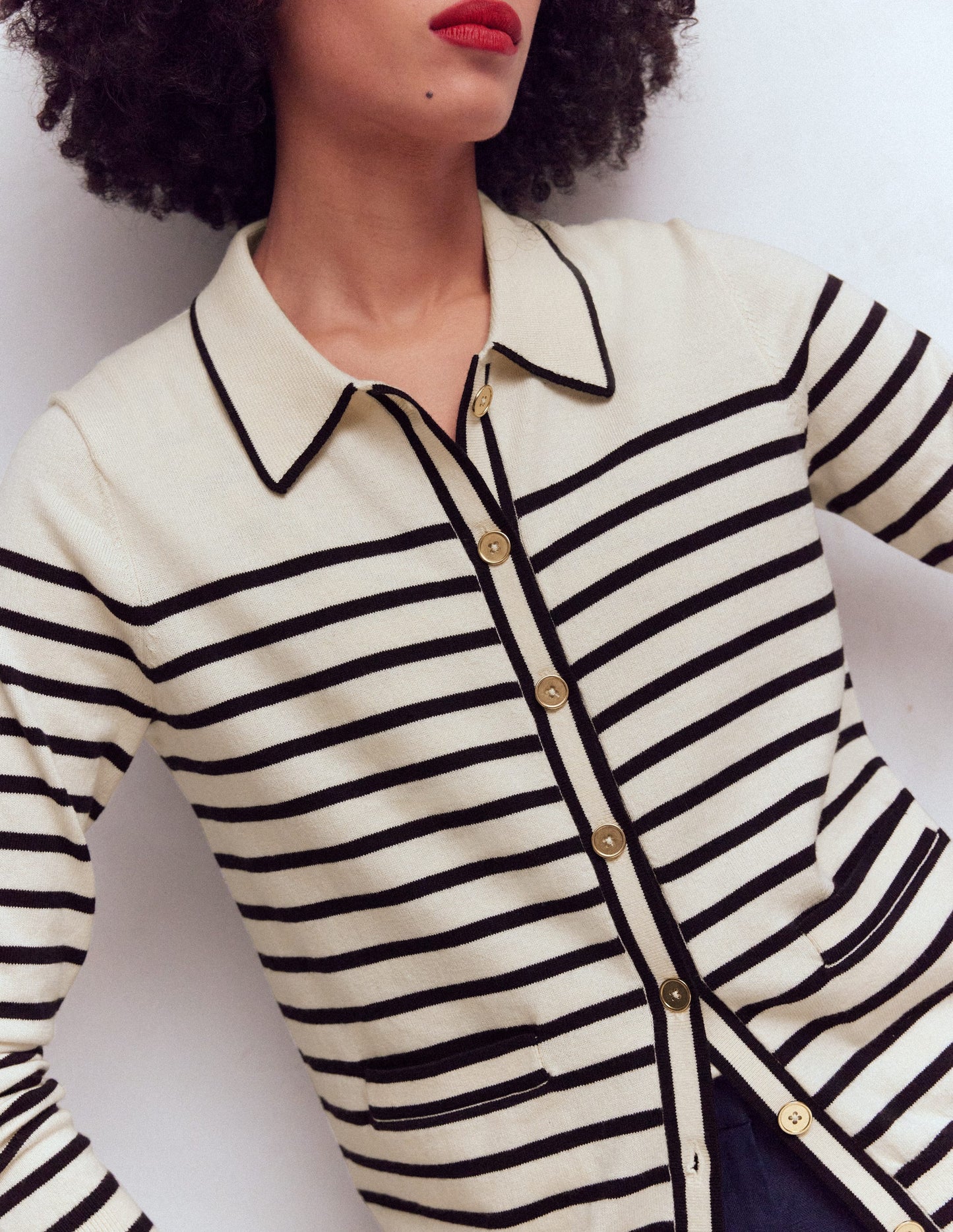 Liz Knitted Collared Cardigan-Ivory/ Navy