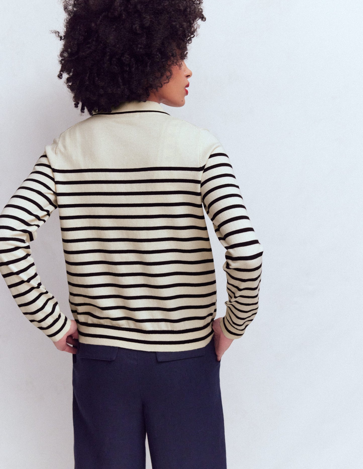 Liz Knitted Collared Cardigan-Ivory/ Navy