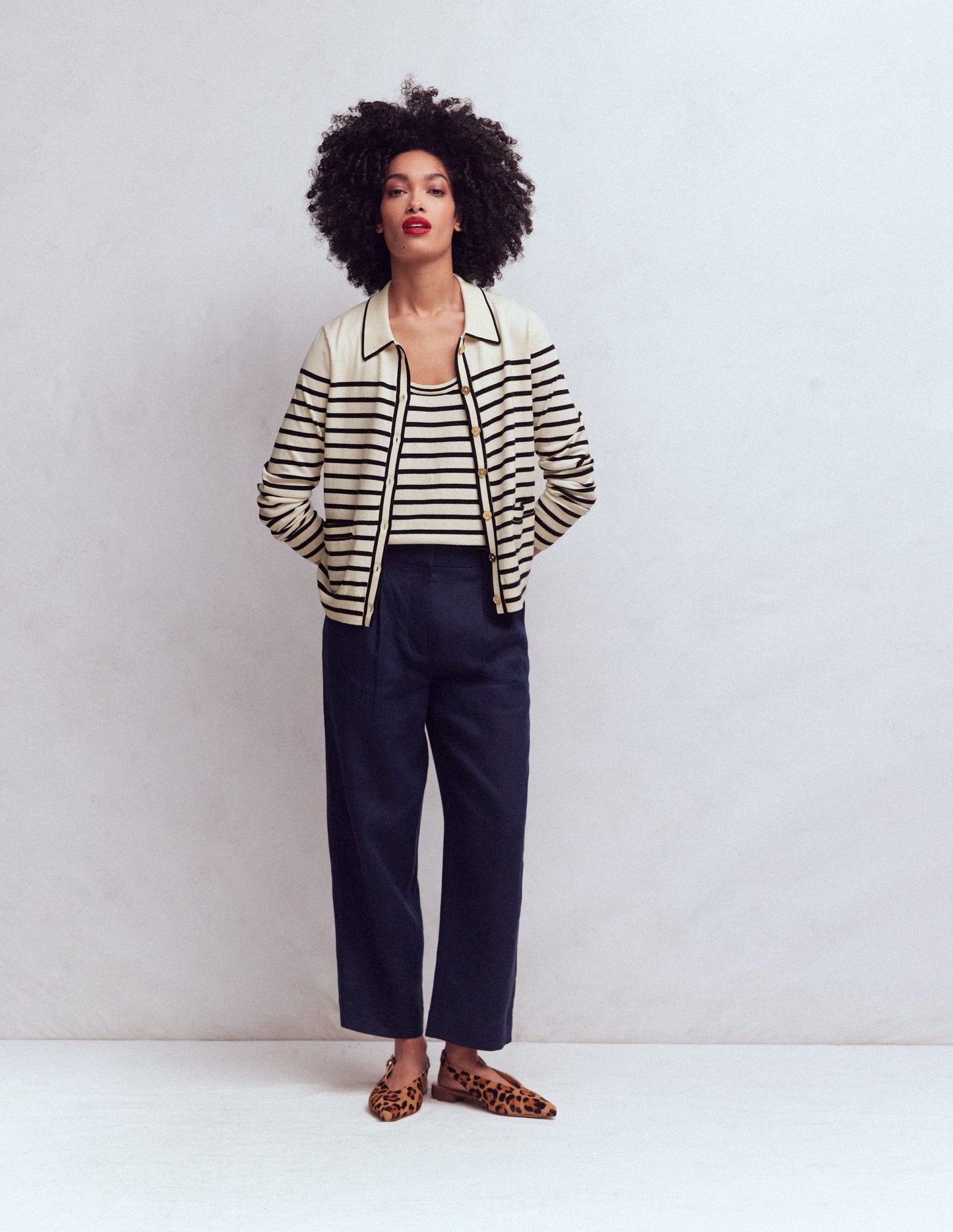 Liz Knitted Collared Cardigan-Ivory/ Navy