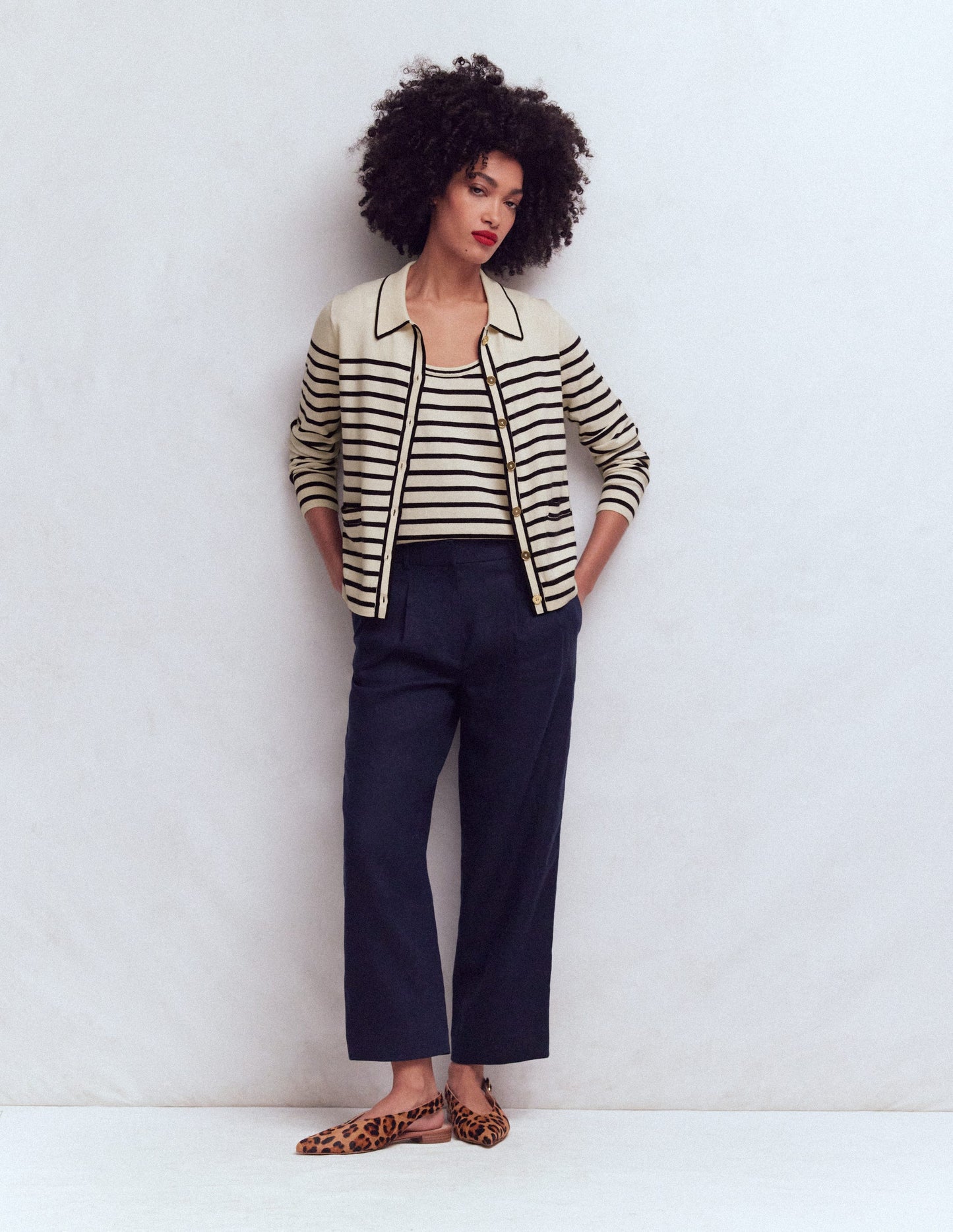 Liz Knitted Collared Cardigan-Ivory/ Navy