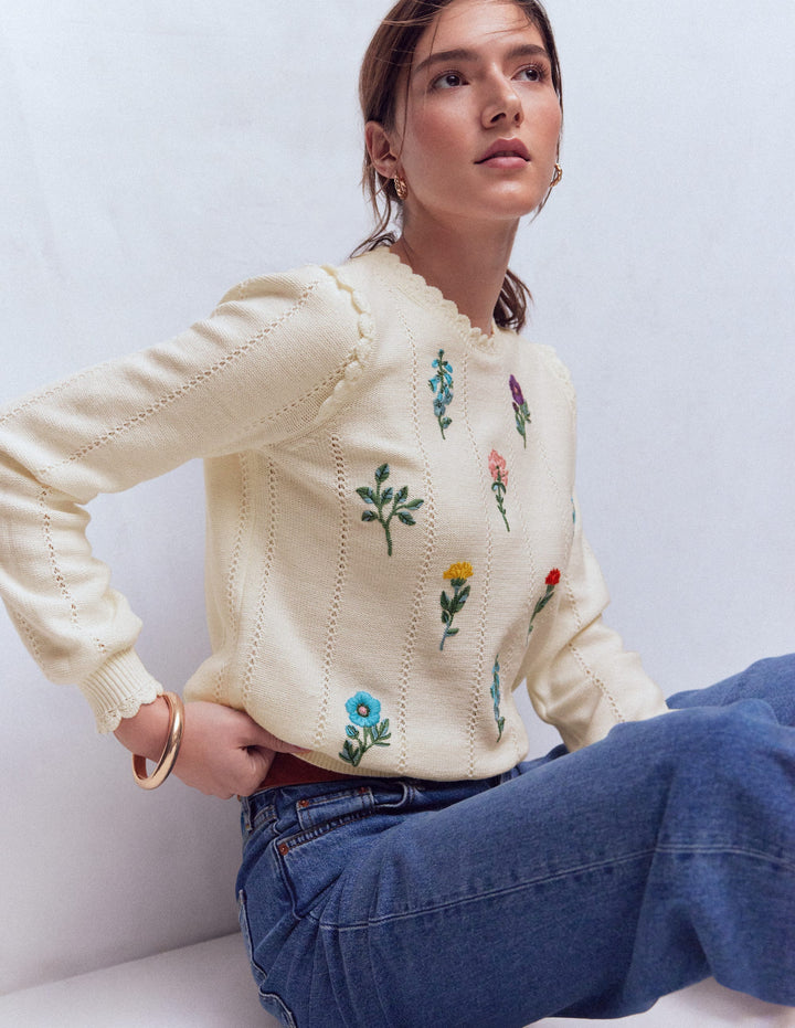 Valeria Crochet Trim Jumper-Warm Ivory , Embroidery