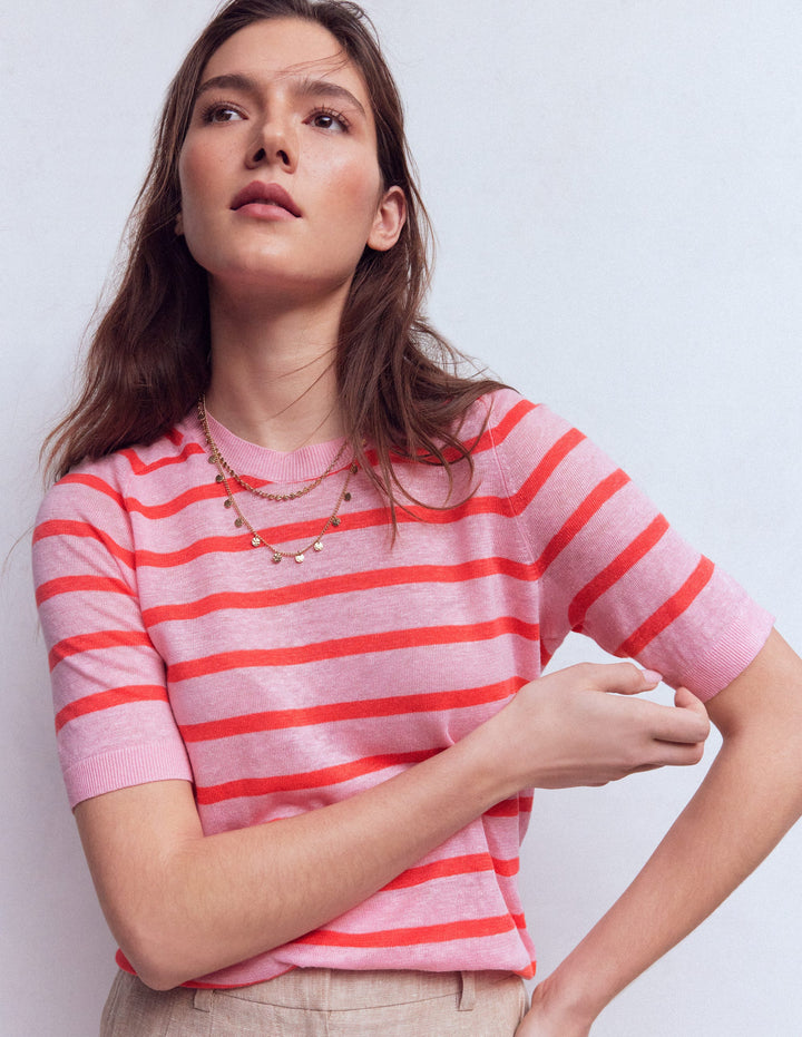 Agnes Linen Button T-Shirt-Sunkissed Coral / Formica Pink