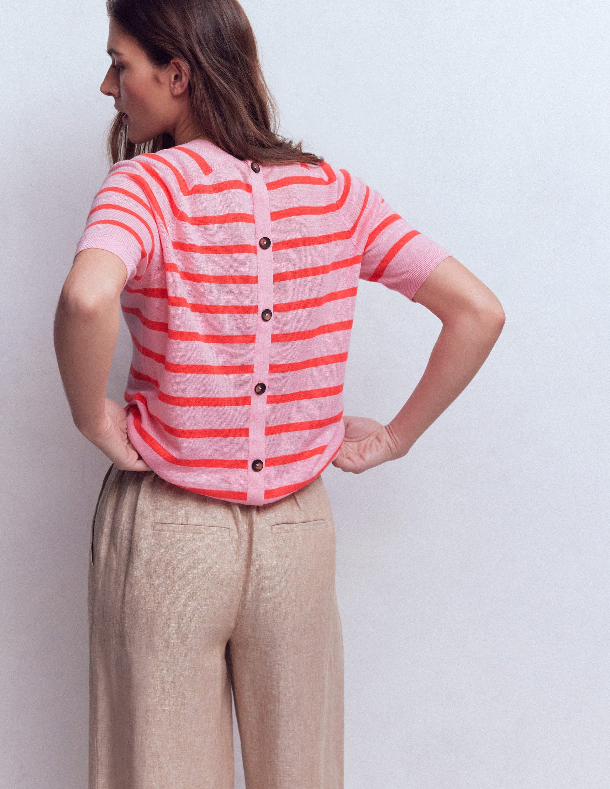 Agnes Linen Button T-Shirt-Sunkissed Coral / Formica Pink-3