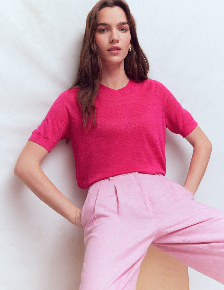 Agnes Linen Button T-Shirt-Pink Peony