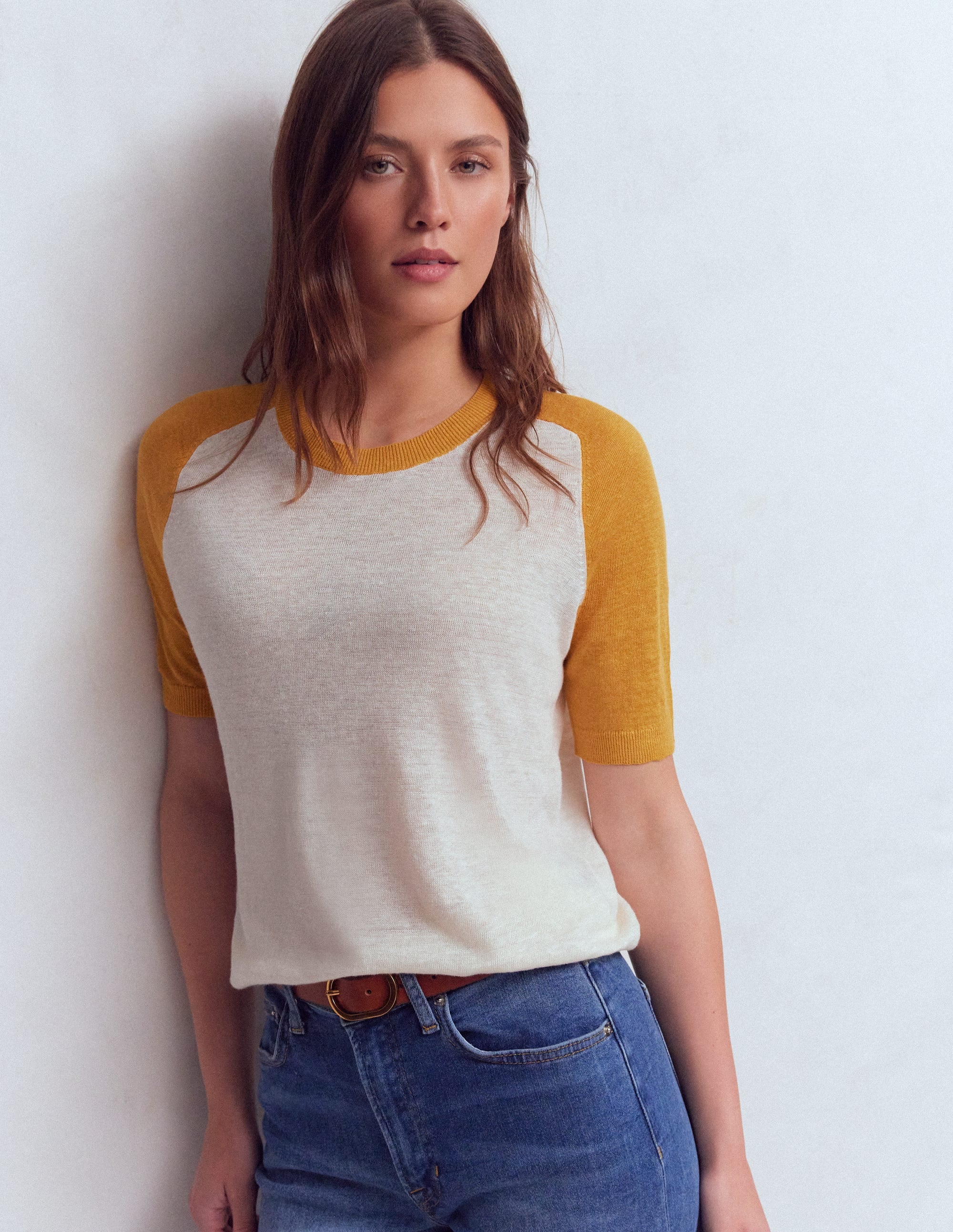 Agnes Linen Button T-Shirt-Yellow, Colour Block - Image 2