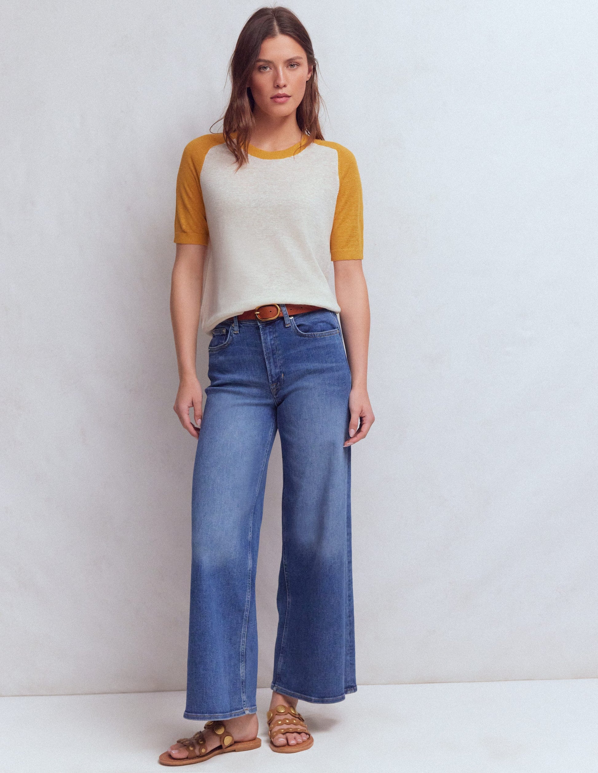 Agnes Linen Button T-Shirt-Yellow, Colour Block-4