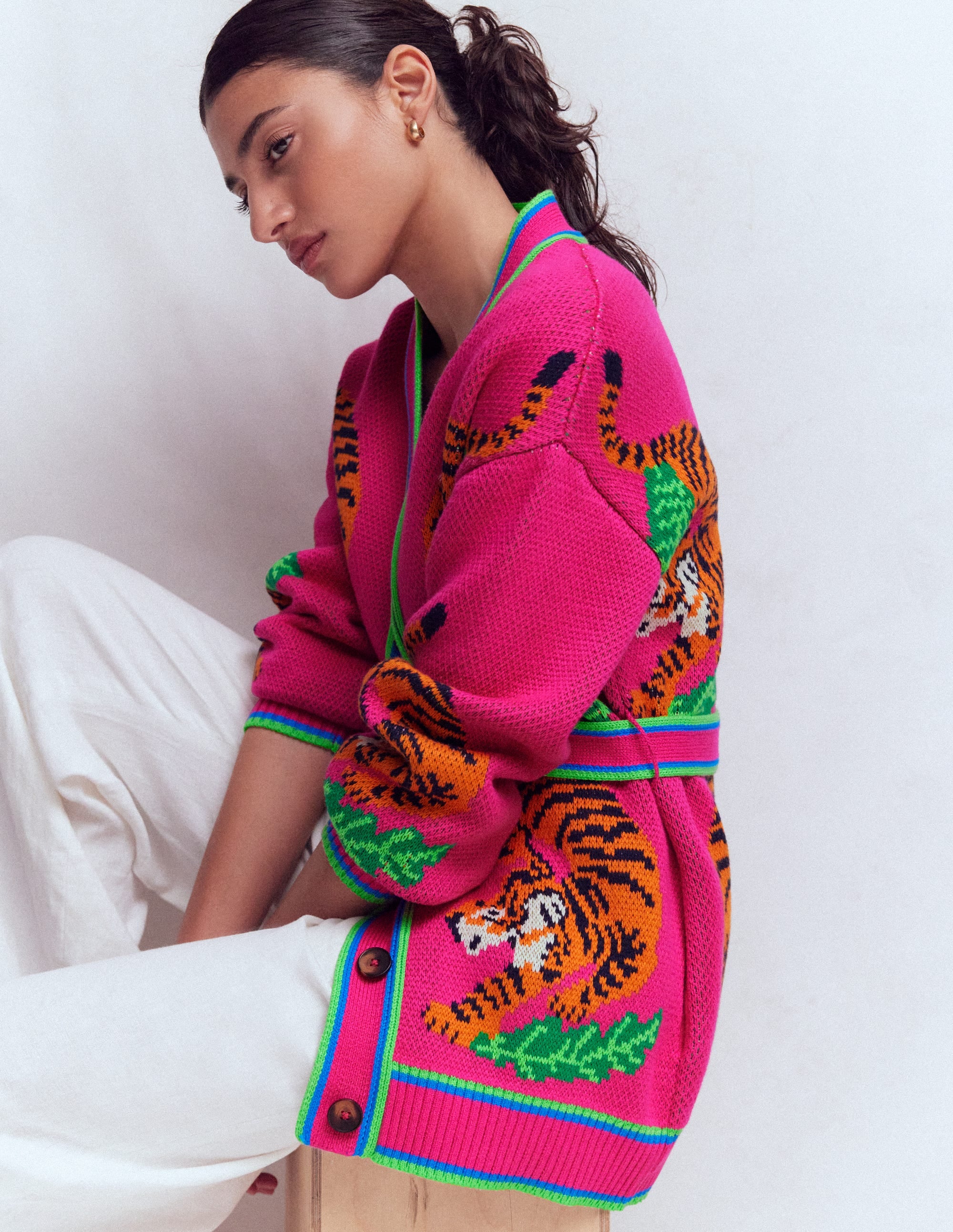 Jacquard Belted Cardigan-Pink Yarrow Tigers - Image 1