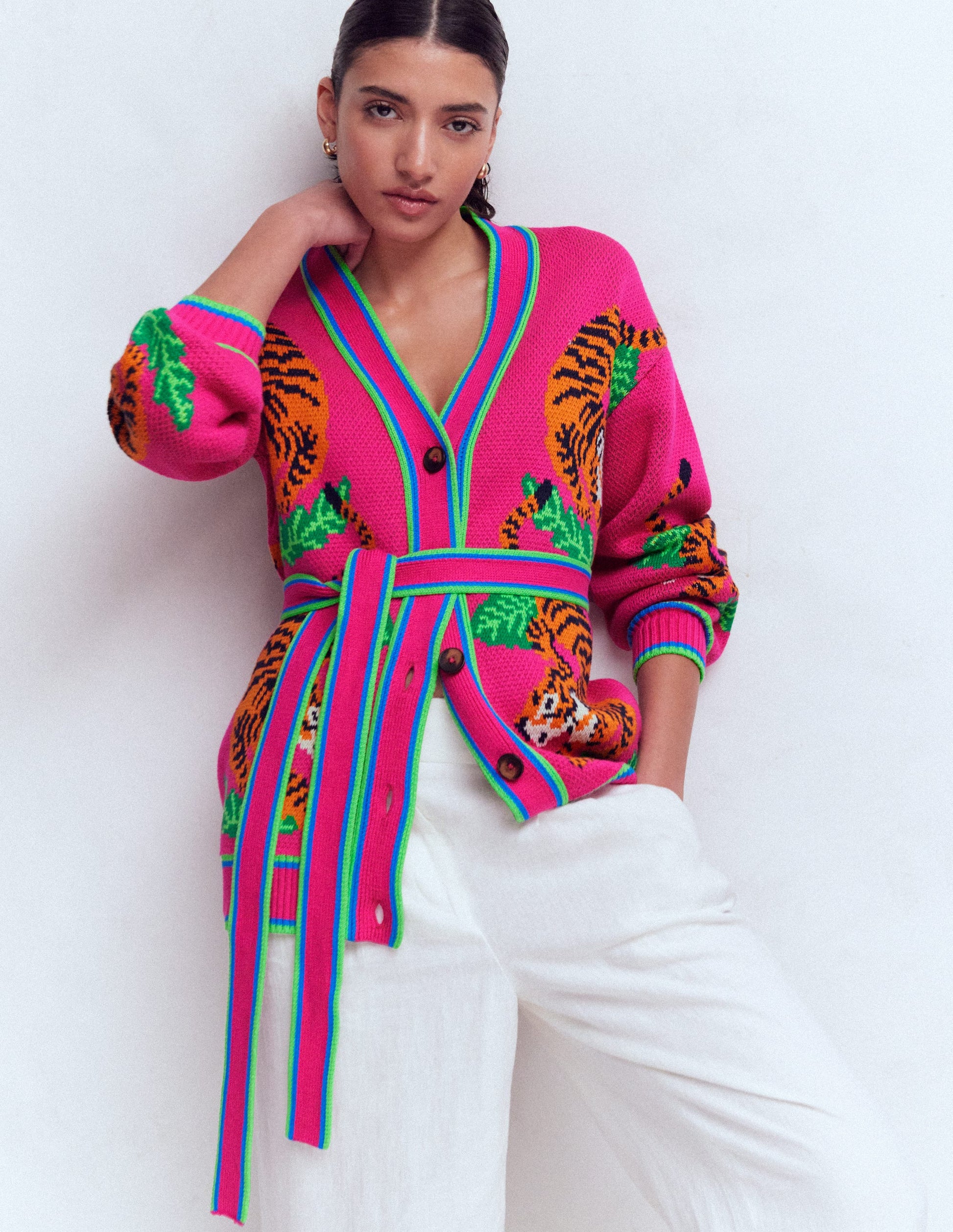 Jacquard Belted Cardigan-Pink Yarrow Tigers-3