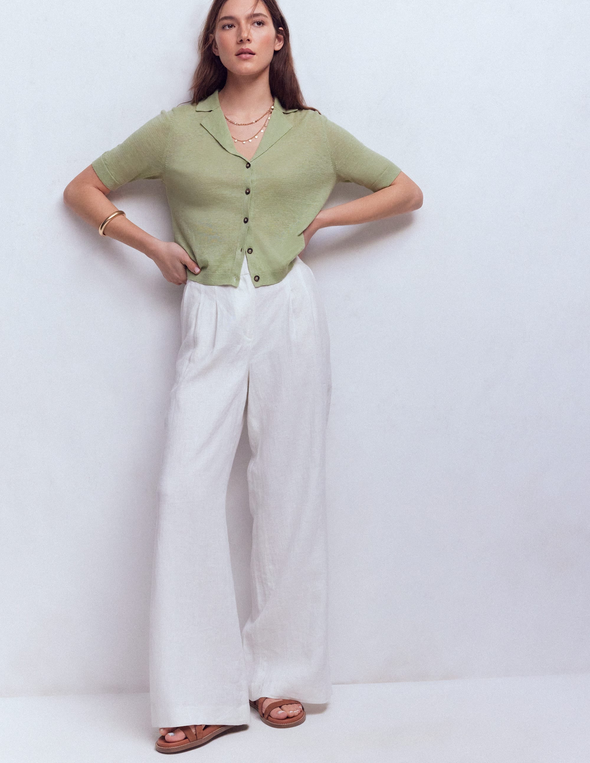 Agnes Collar Linen Cardigan-Green | Boden UK