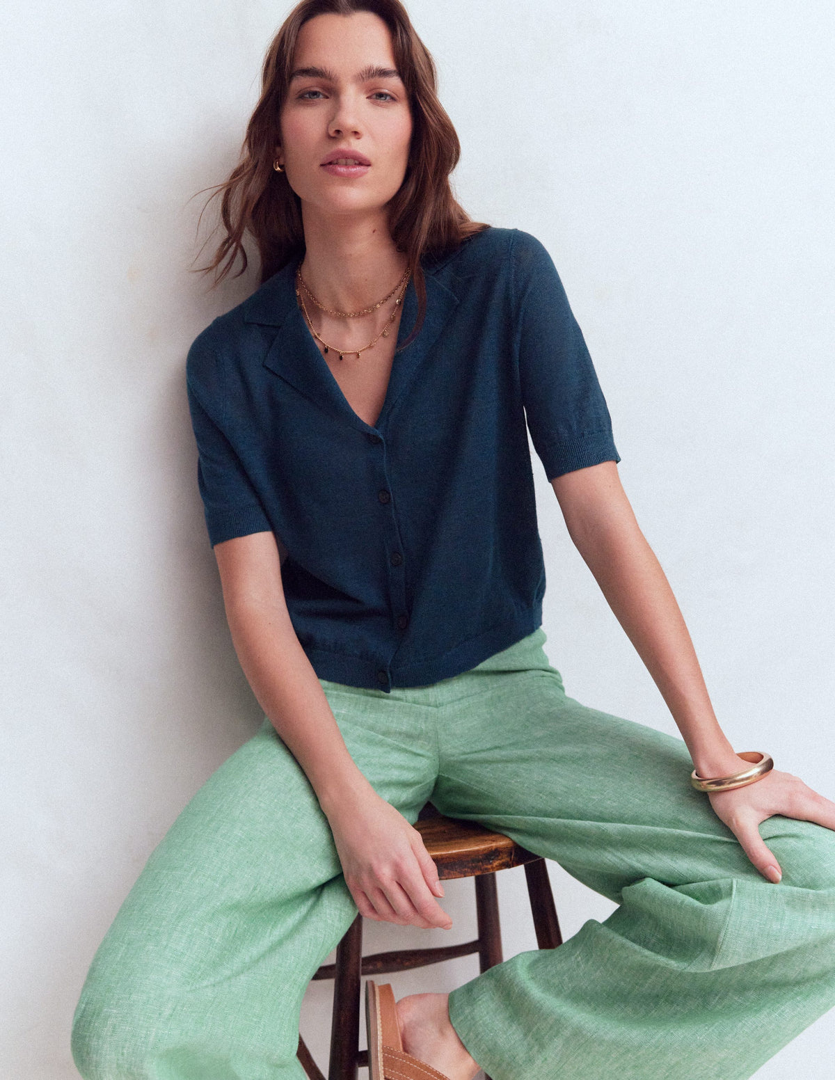 Agnes Collar Linen Cardigan-Navy - Image 1