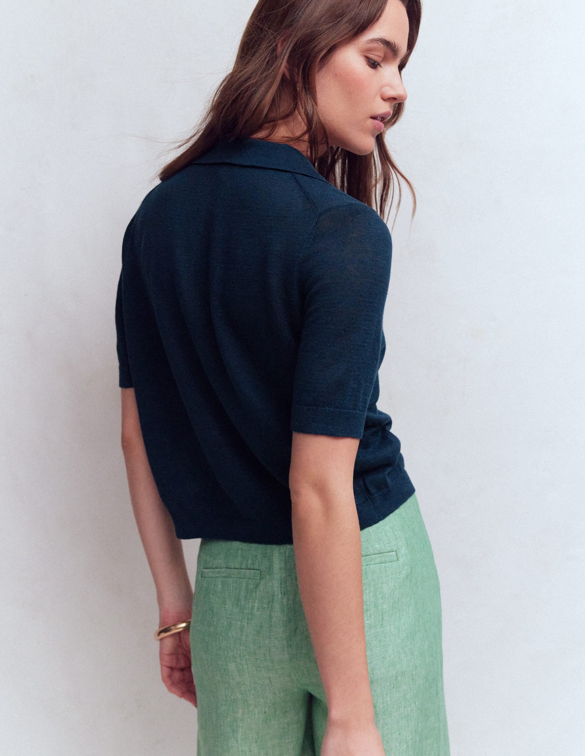 Agnes Collar Linen Cardigan-Navy - Image 3