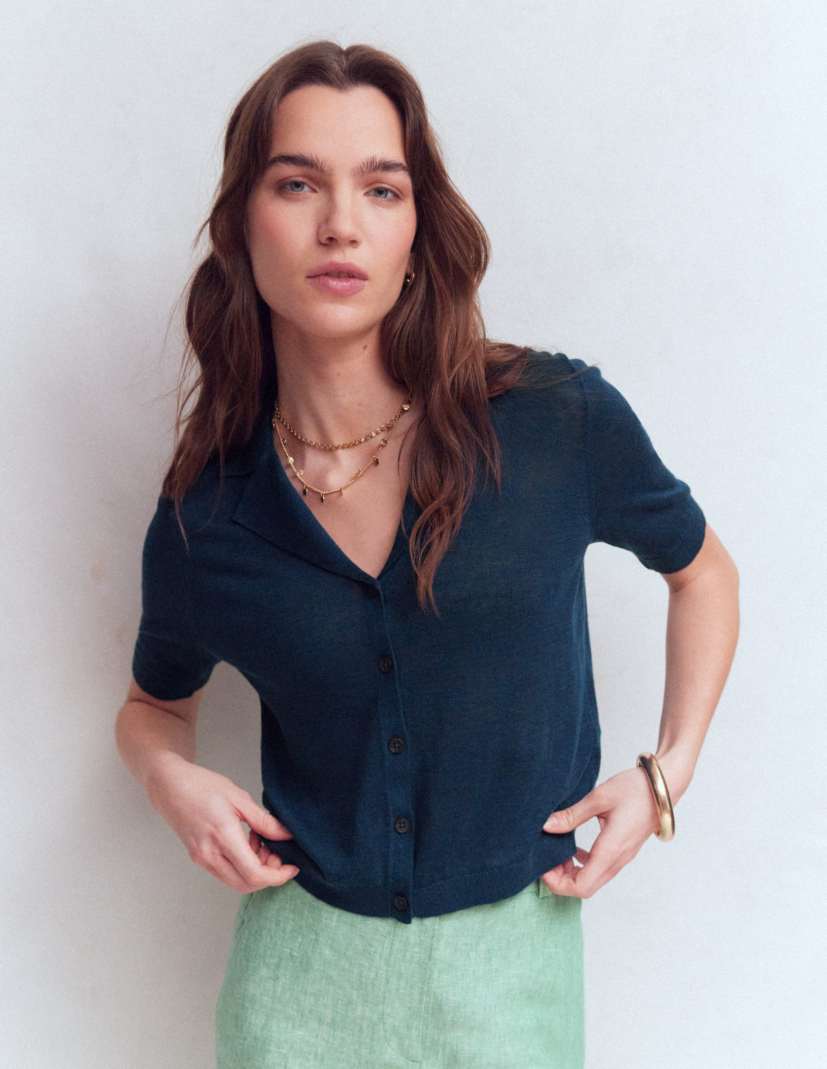 Agnes Collar Linen Cardigan-Navy - Image 4