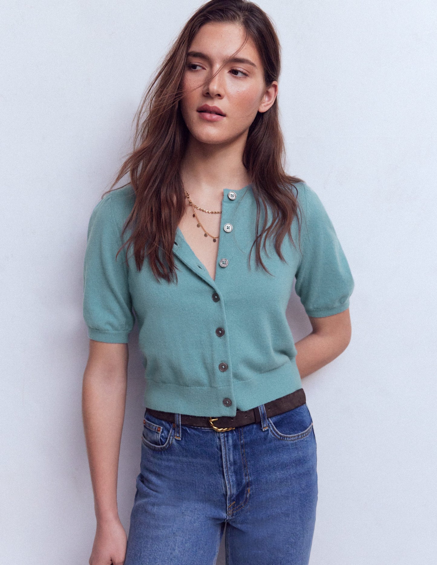 Cropped Cashmere Cardigan-Misty Blue