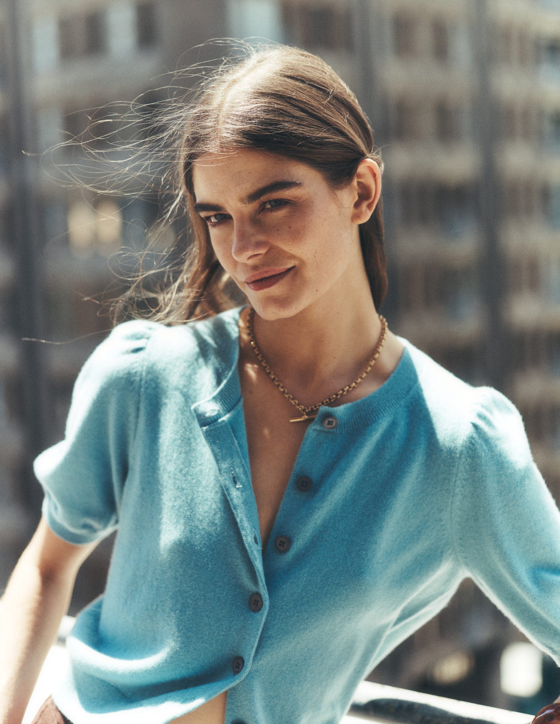 Cropped Cashmere Cardigan-Misty Blue-5