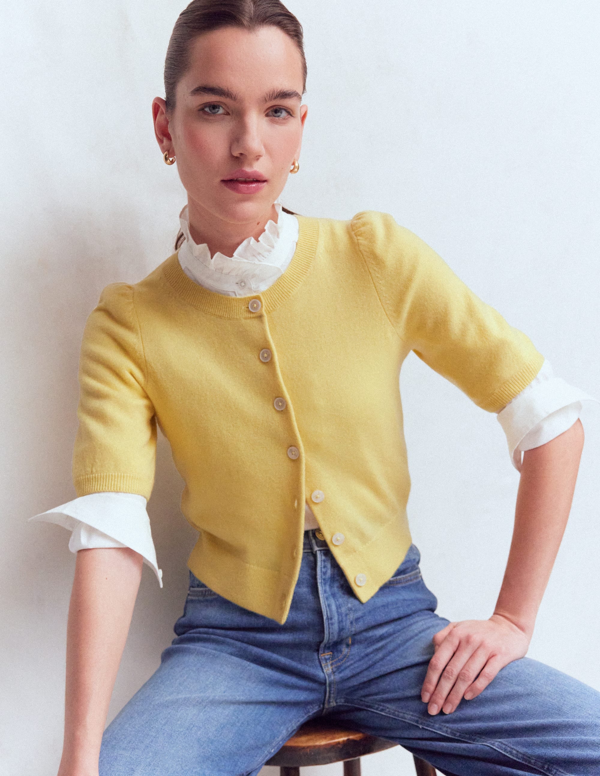 Cropped Cashmere Cardigan-Sandstone Yellow - Image 1