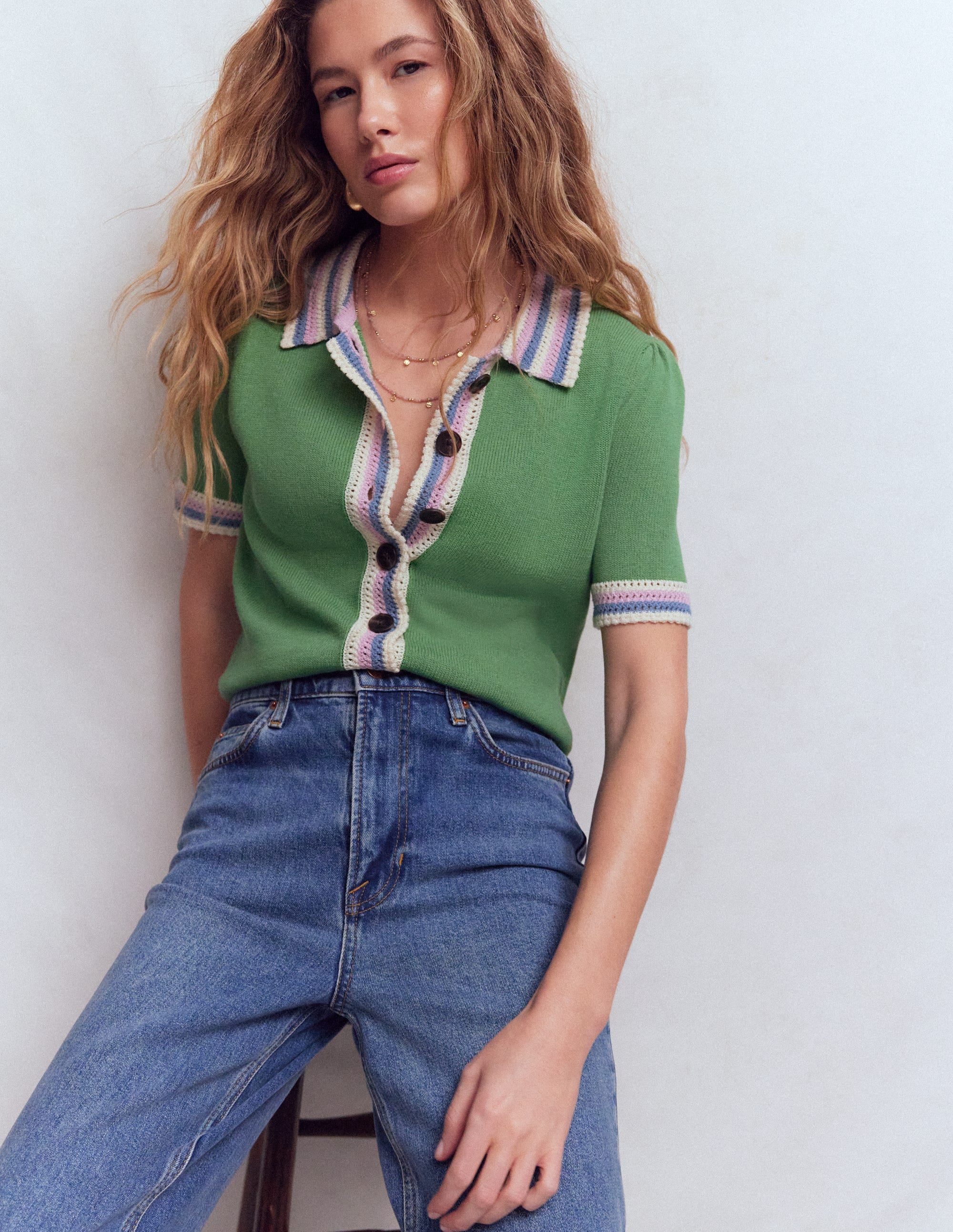 Saffron Crochet Trim Cardigan-Green - Image 1