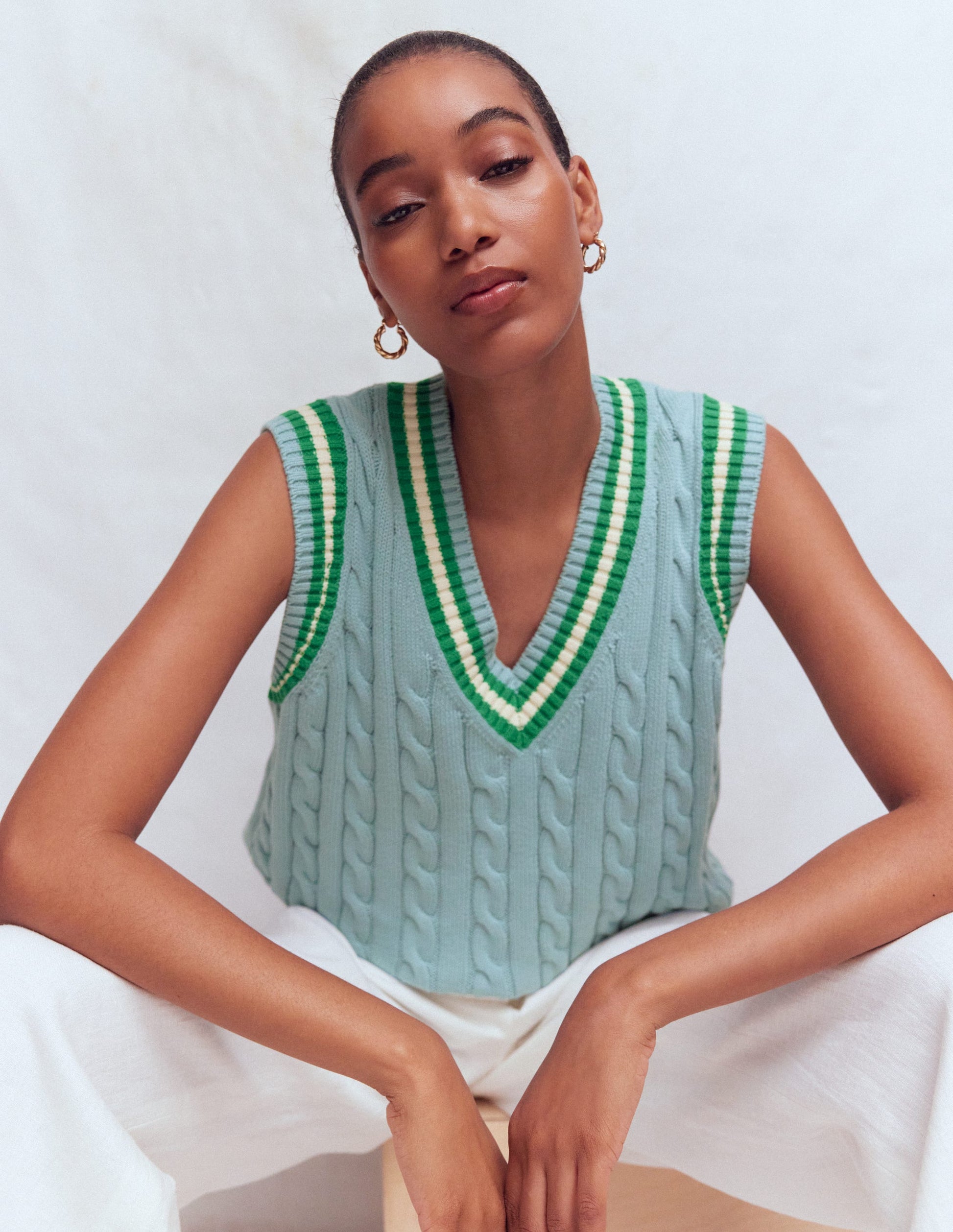 Maeve Cable V Neck Tank-Blue, Green-1