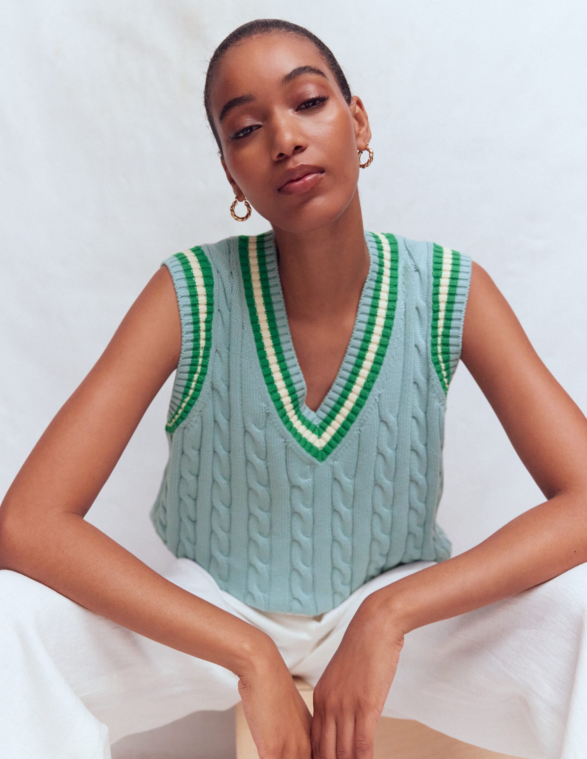 Cable V Neck Tank-Blue, Green - Image 1