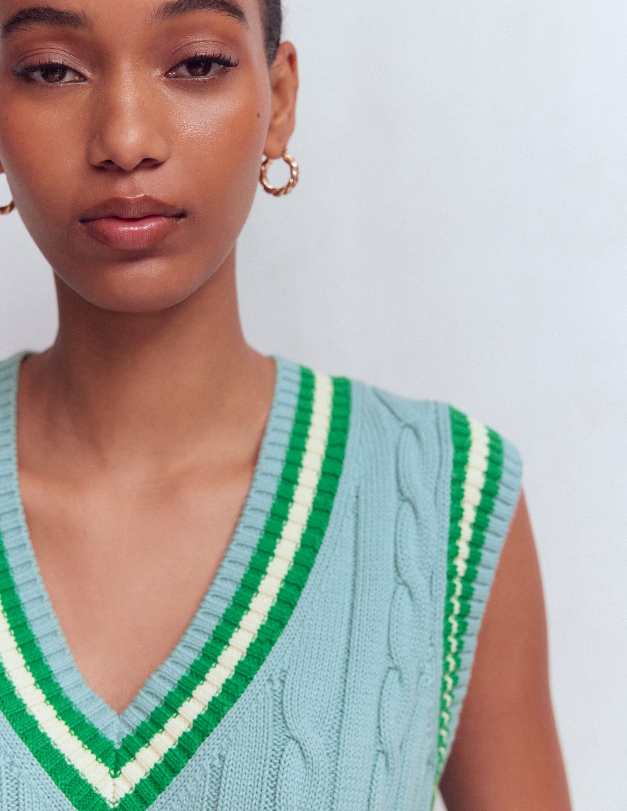 Cable V Neck Tank-Blue, Green - Image 2